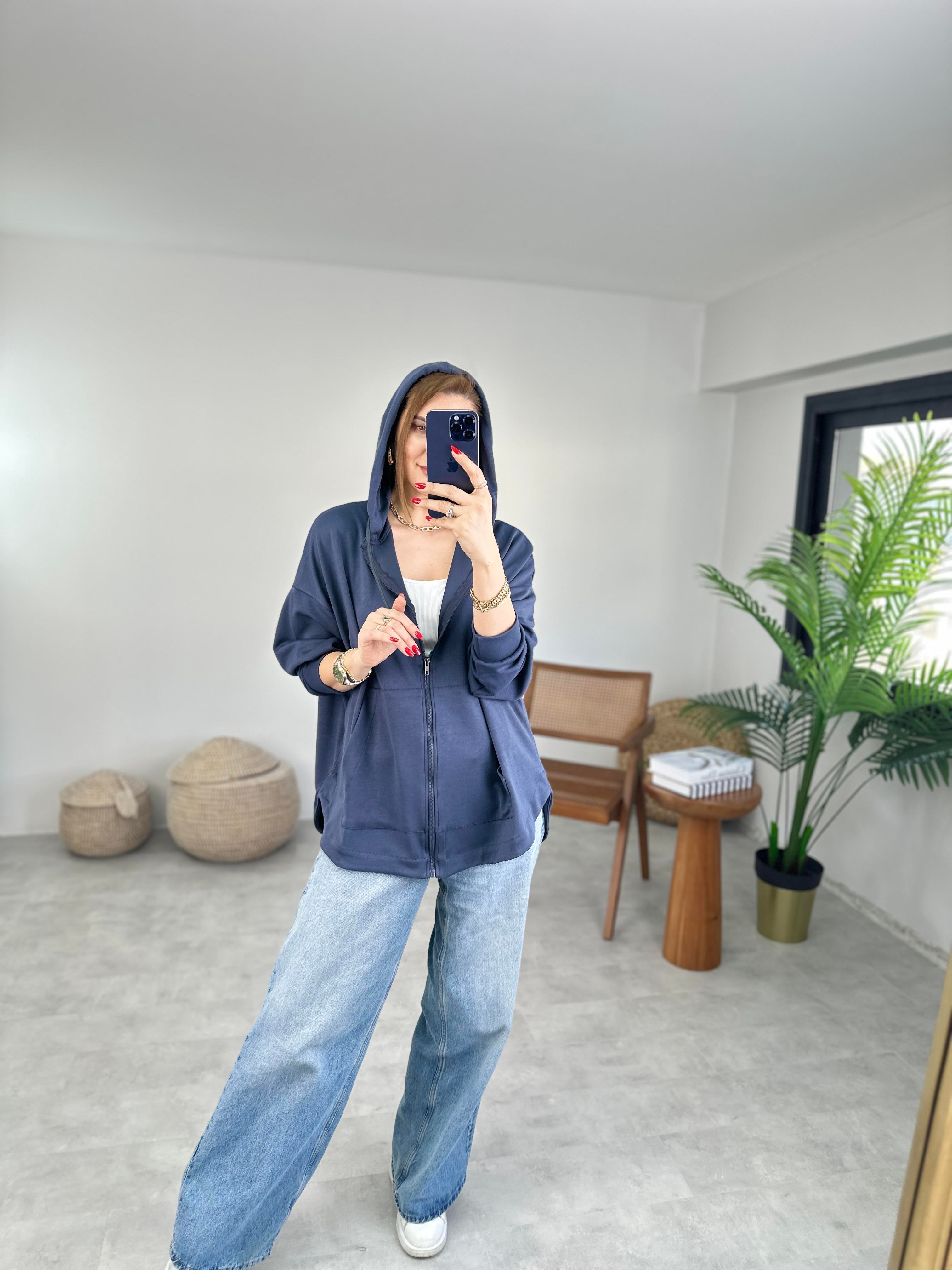 Antrasit Modal Fermuarlı Oversize Ceket
