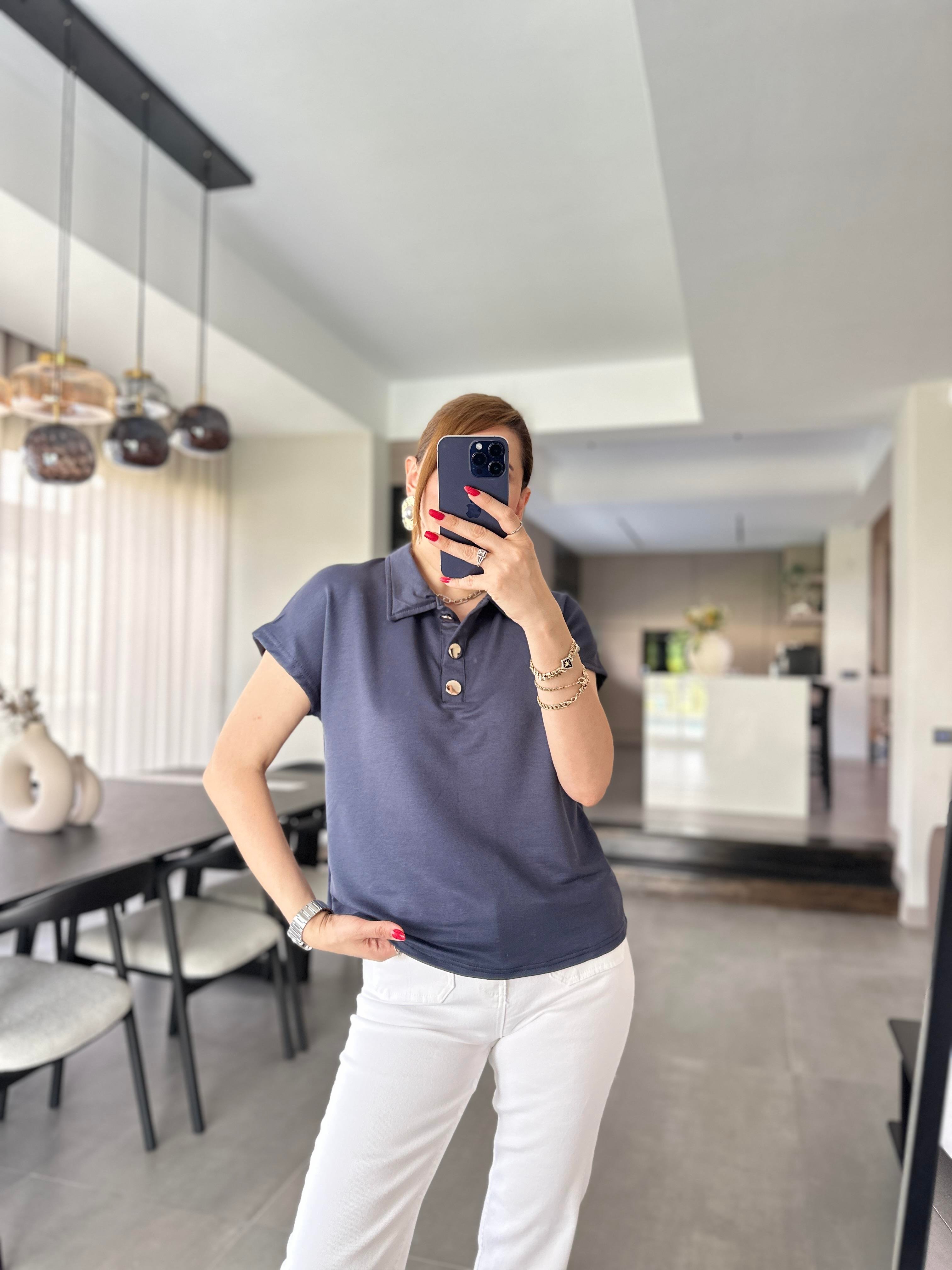 Antrasit Polo Yaka Gold Düğmeli T-shirt