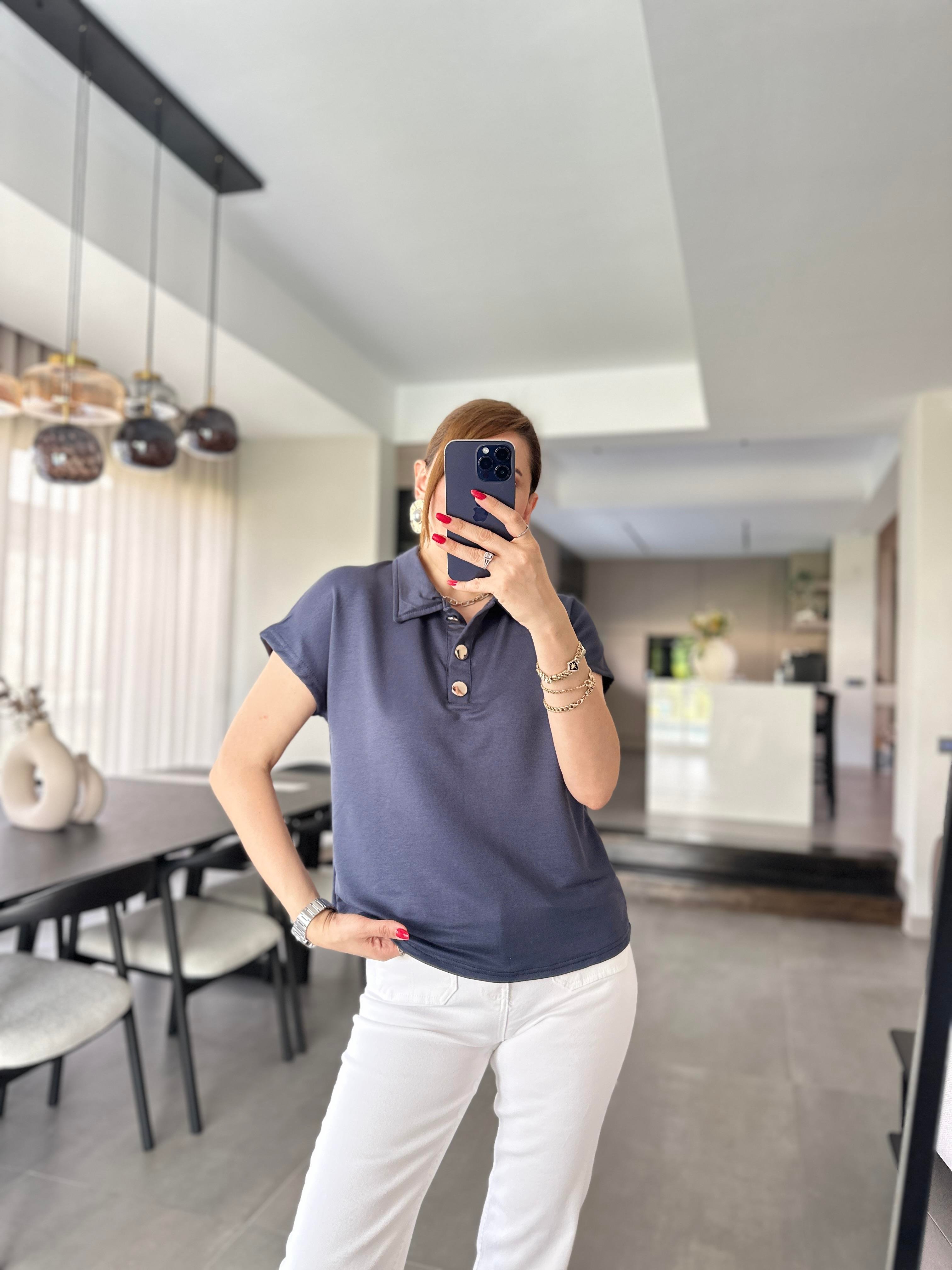 Antrasit Polo Yaka Gold Düğmeli T-shirt