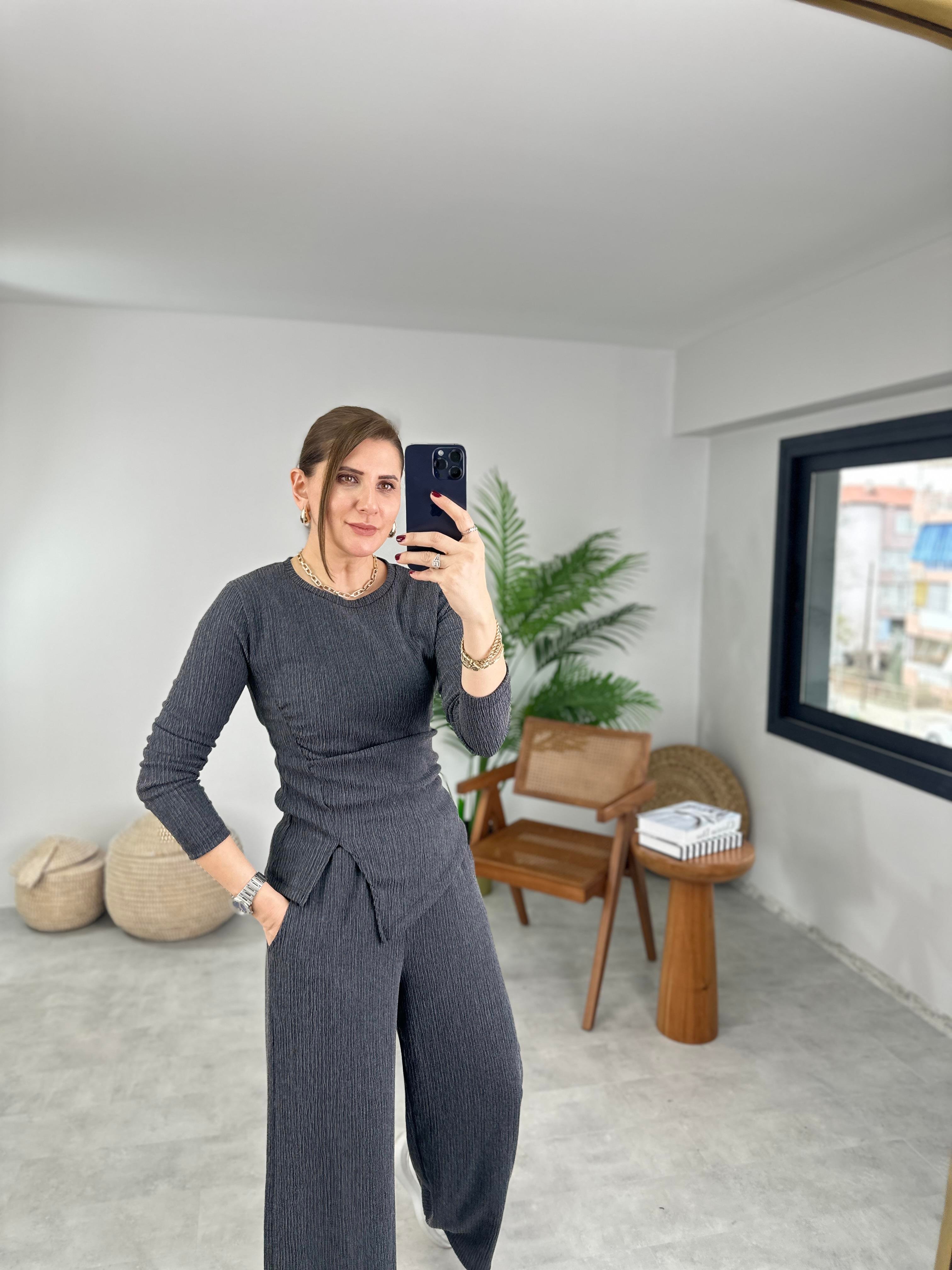 Antrasit Tirina Büzgülü Detay Takım