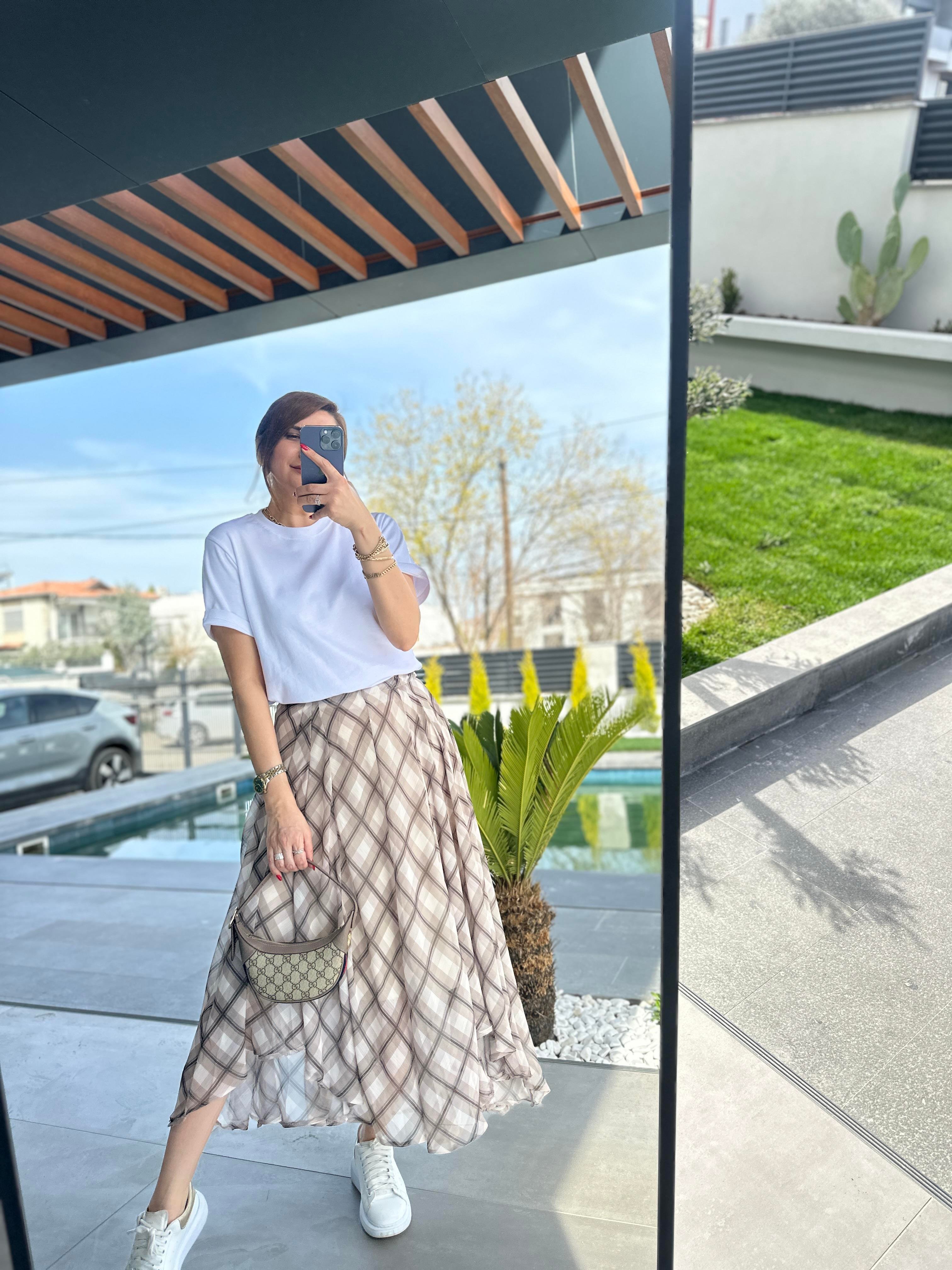 Asimetrik Kesim Astarlı Ekose Etek