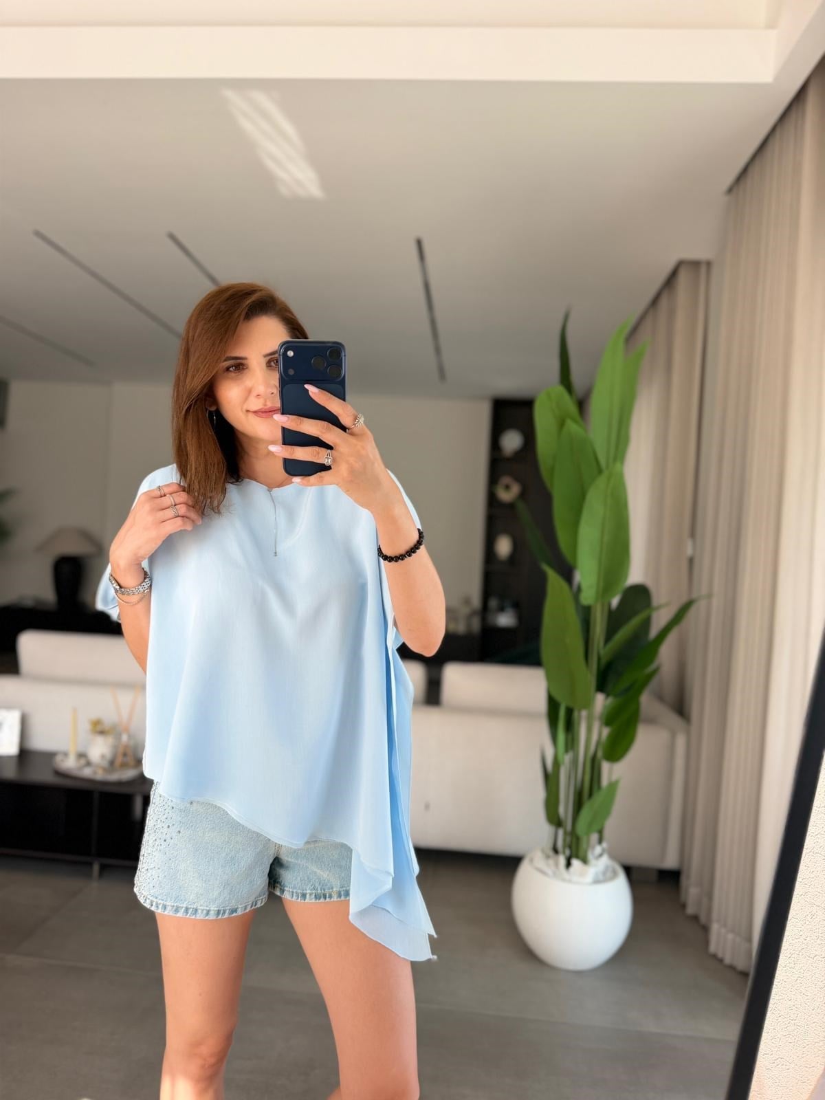 Bebe Mavi Asimetrik Kesim Tül Bluz