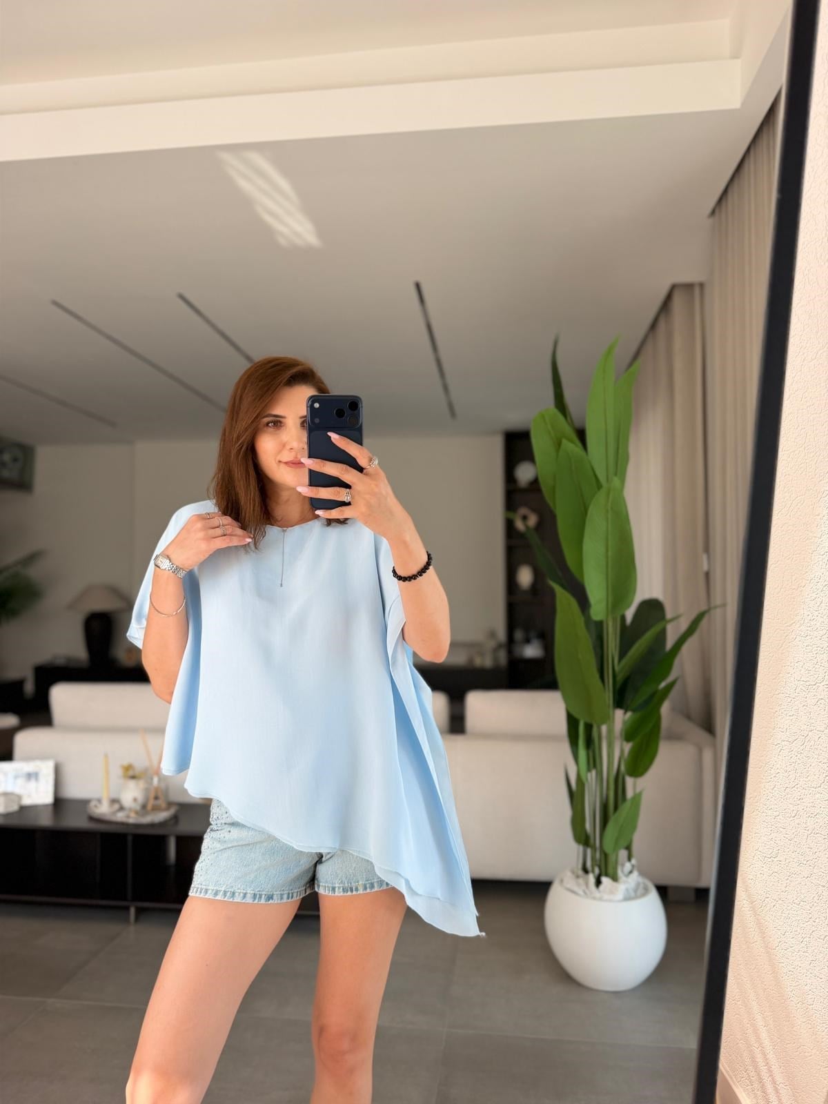 Bebe Mavi Asimetrik Kesim Tül Bluz