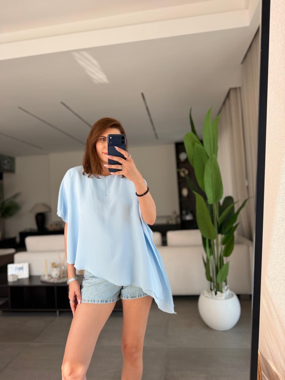 Bebe Mavi Asimetrik Kesim Tül Bluz