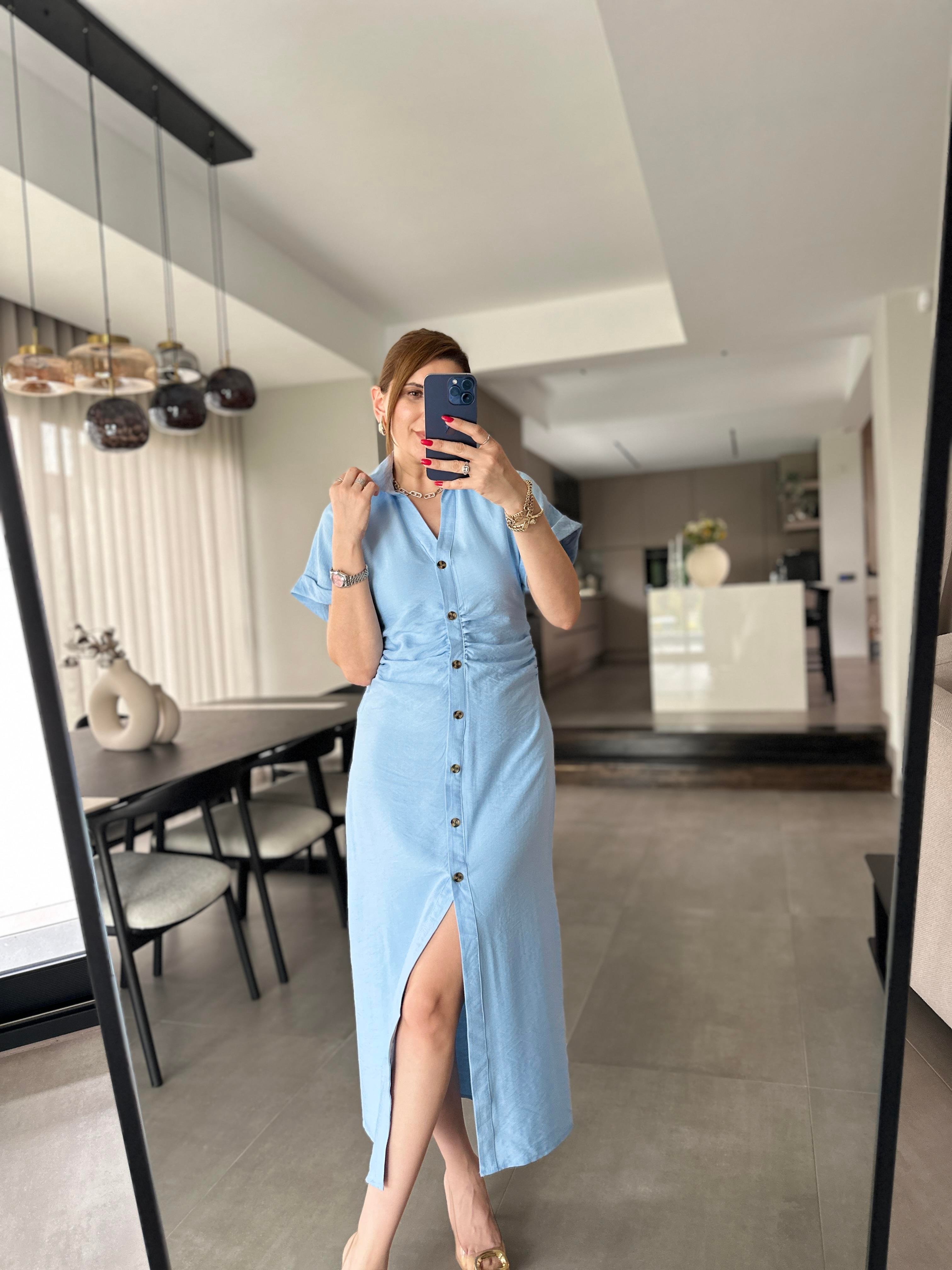 Bebe Mavi Bel Büzgülü Keten Gömlek Elbise