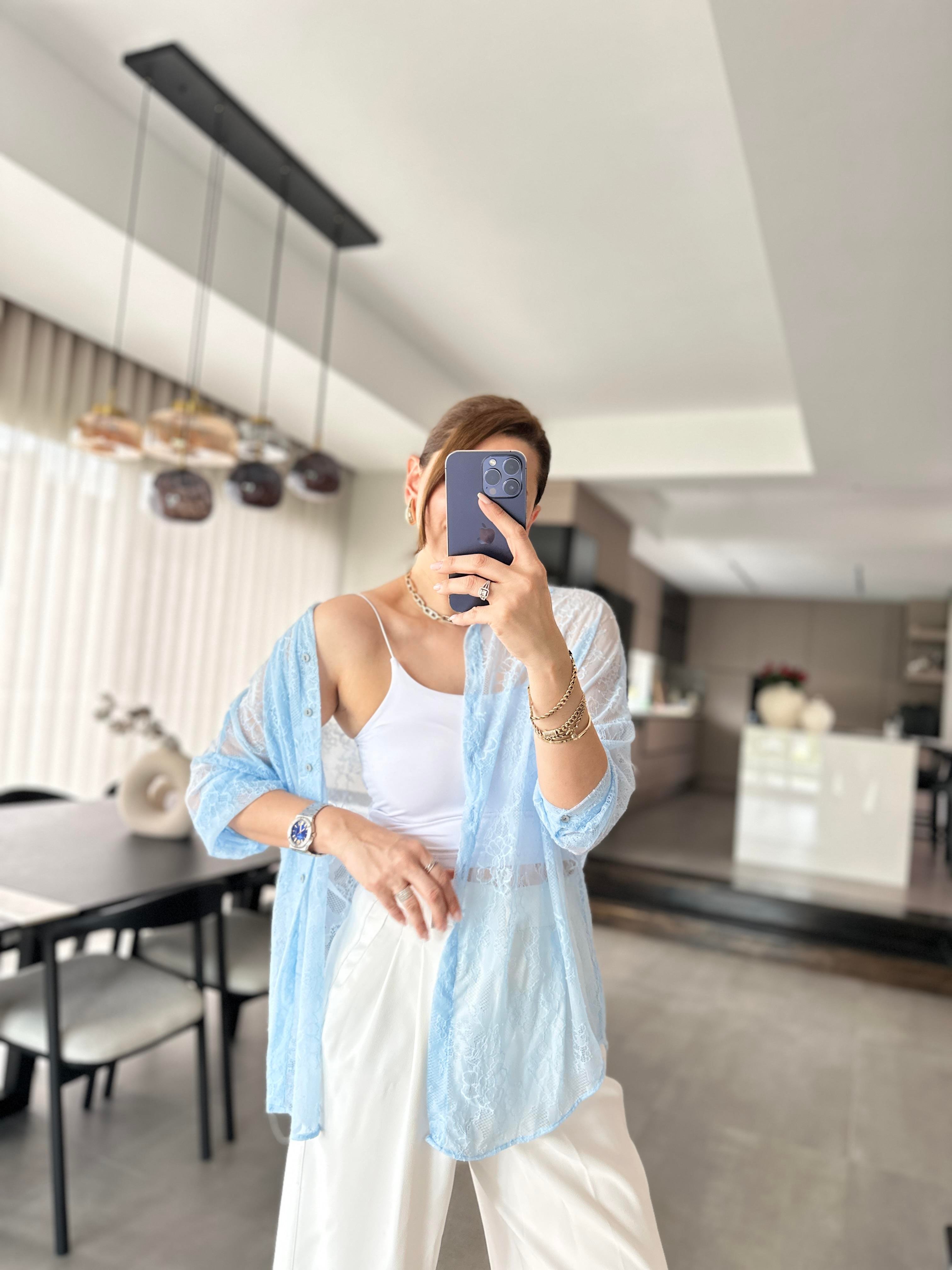 Bebe Mavi Romantik Dantel Gömlek