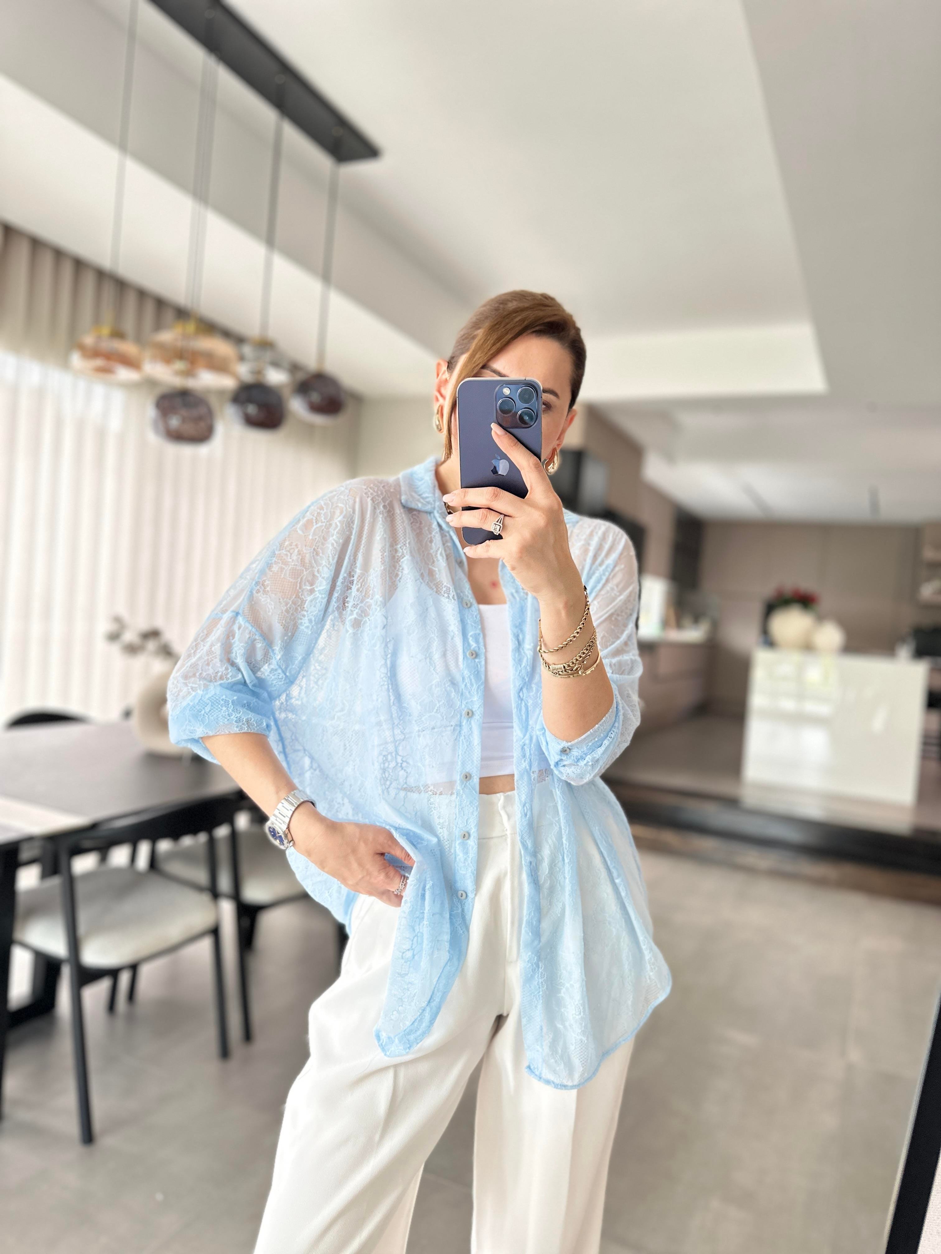 Bebe Mavi Romantik Dantel Gömlek