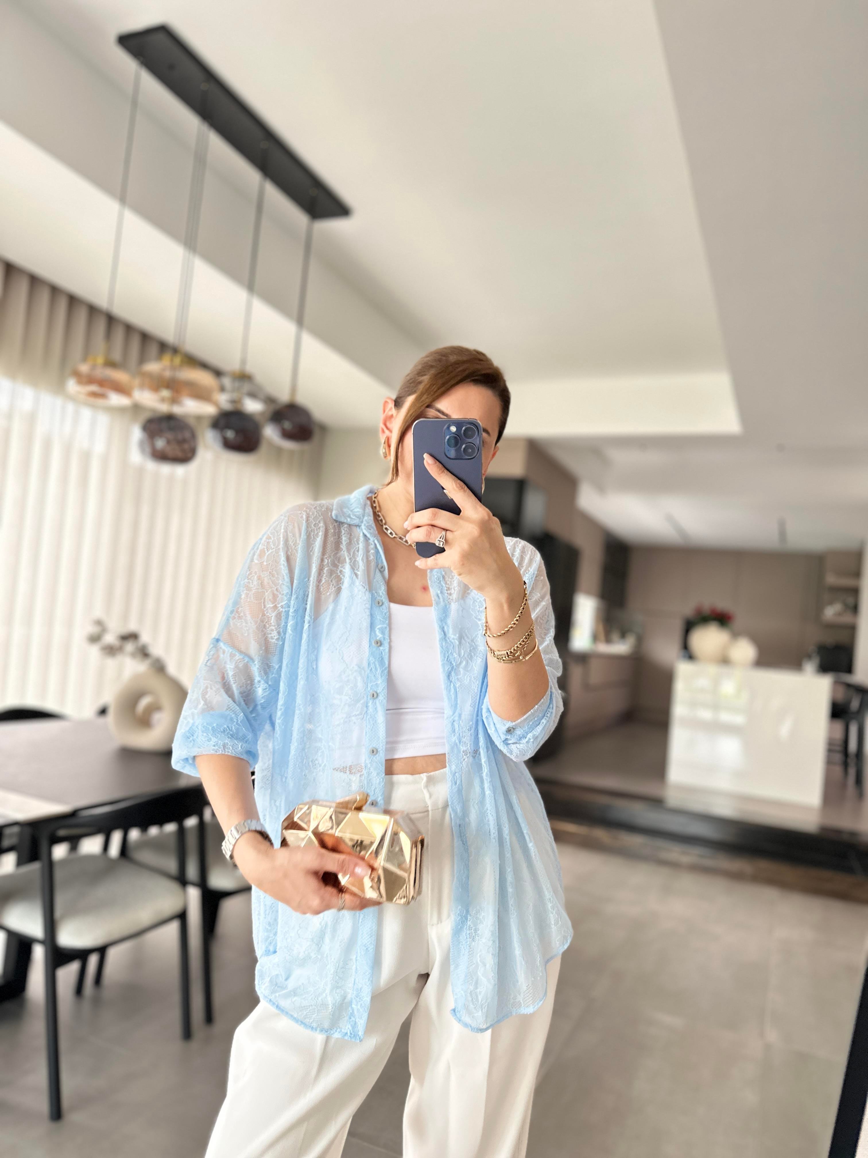 Bebe Mavi Romantik Dantel Gömlek