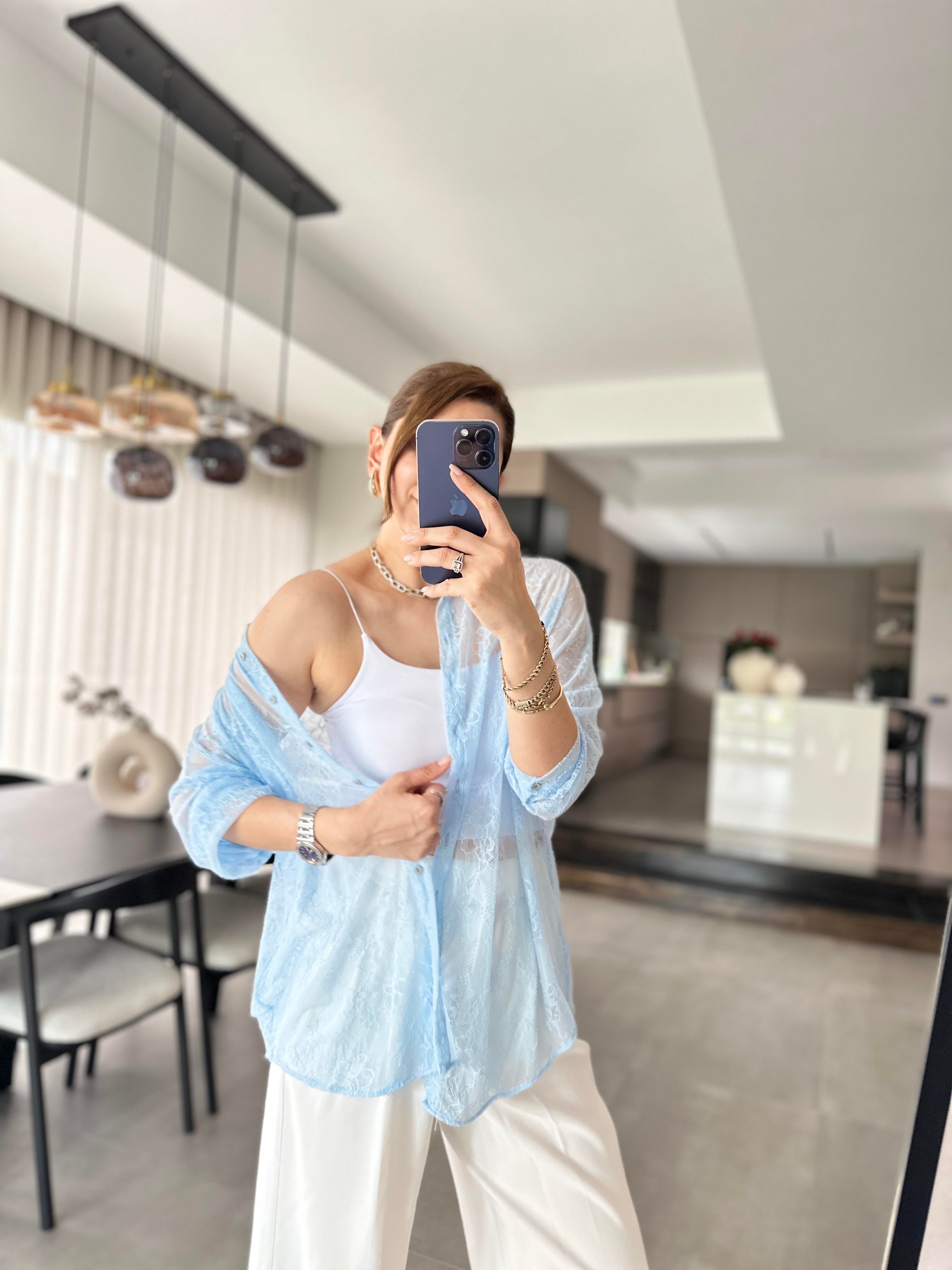 Bebe Mavi Romantik Dantel Gömlek