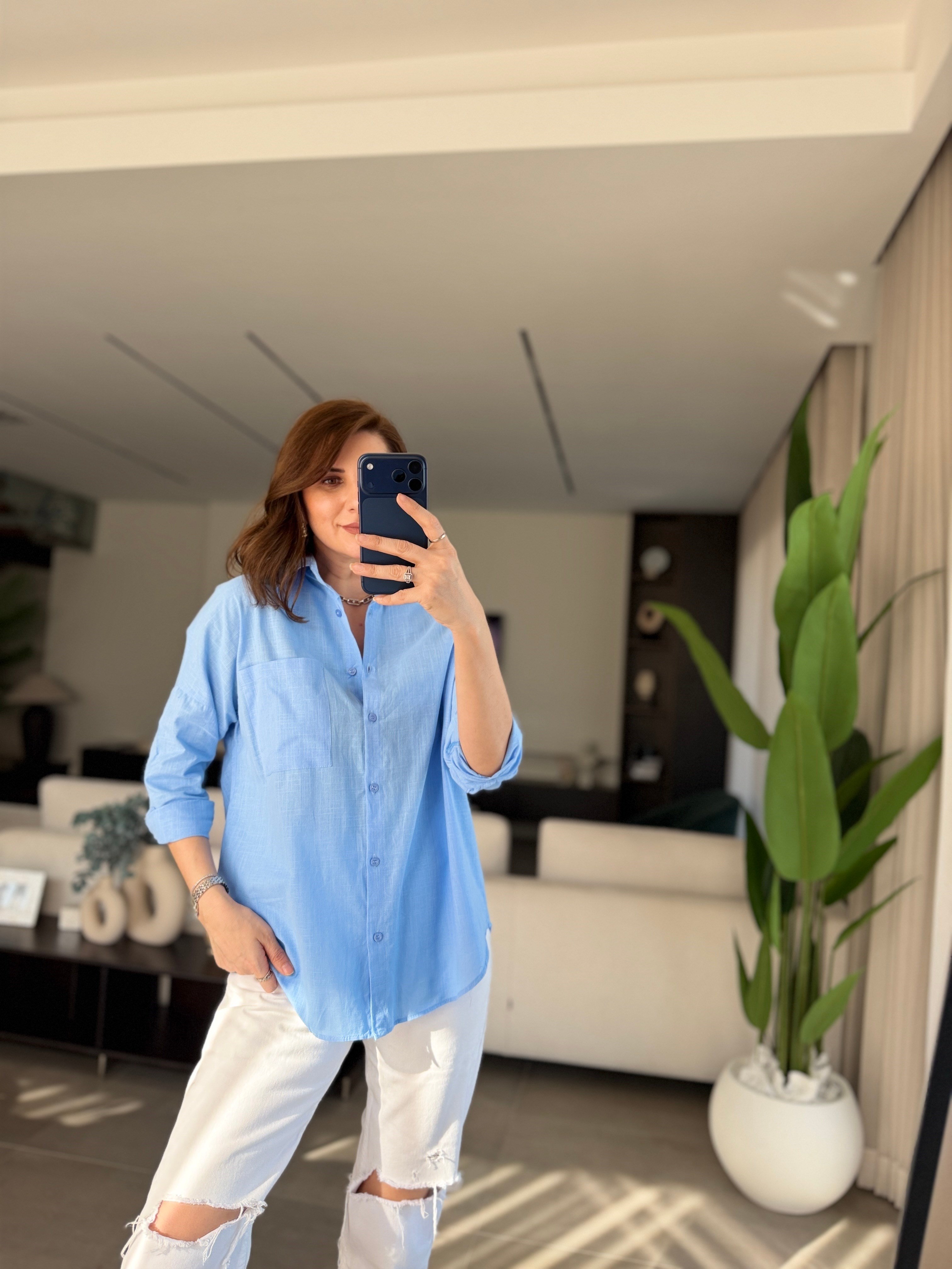 Bebemavi Keten Tek Cep Oversize Gömlek