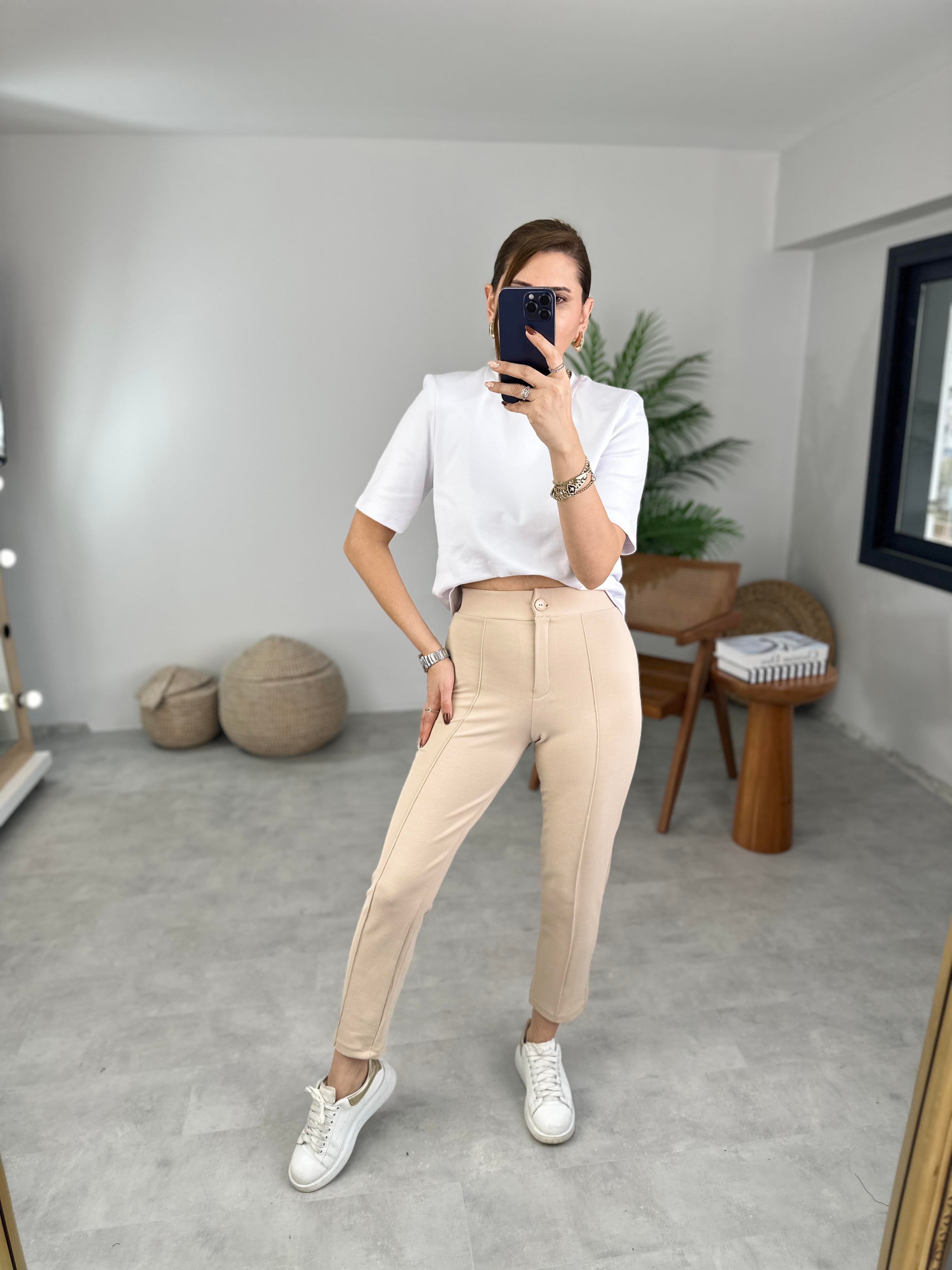 Bej Çimalı Dar Paça Pantolon