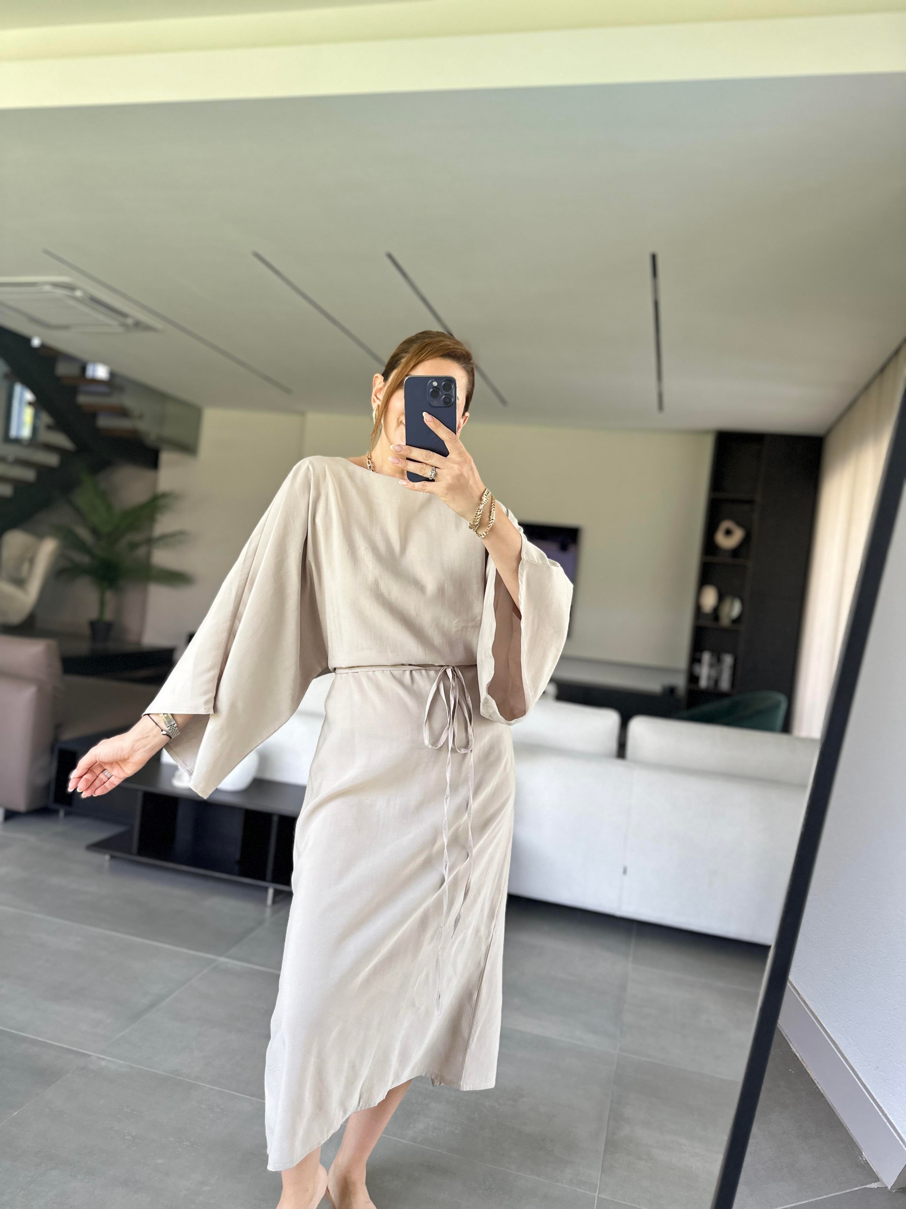Bej Cupra Yarasa Kol Elbise