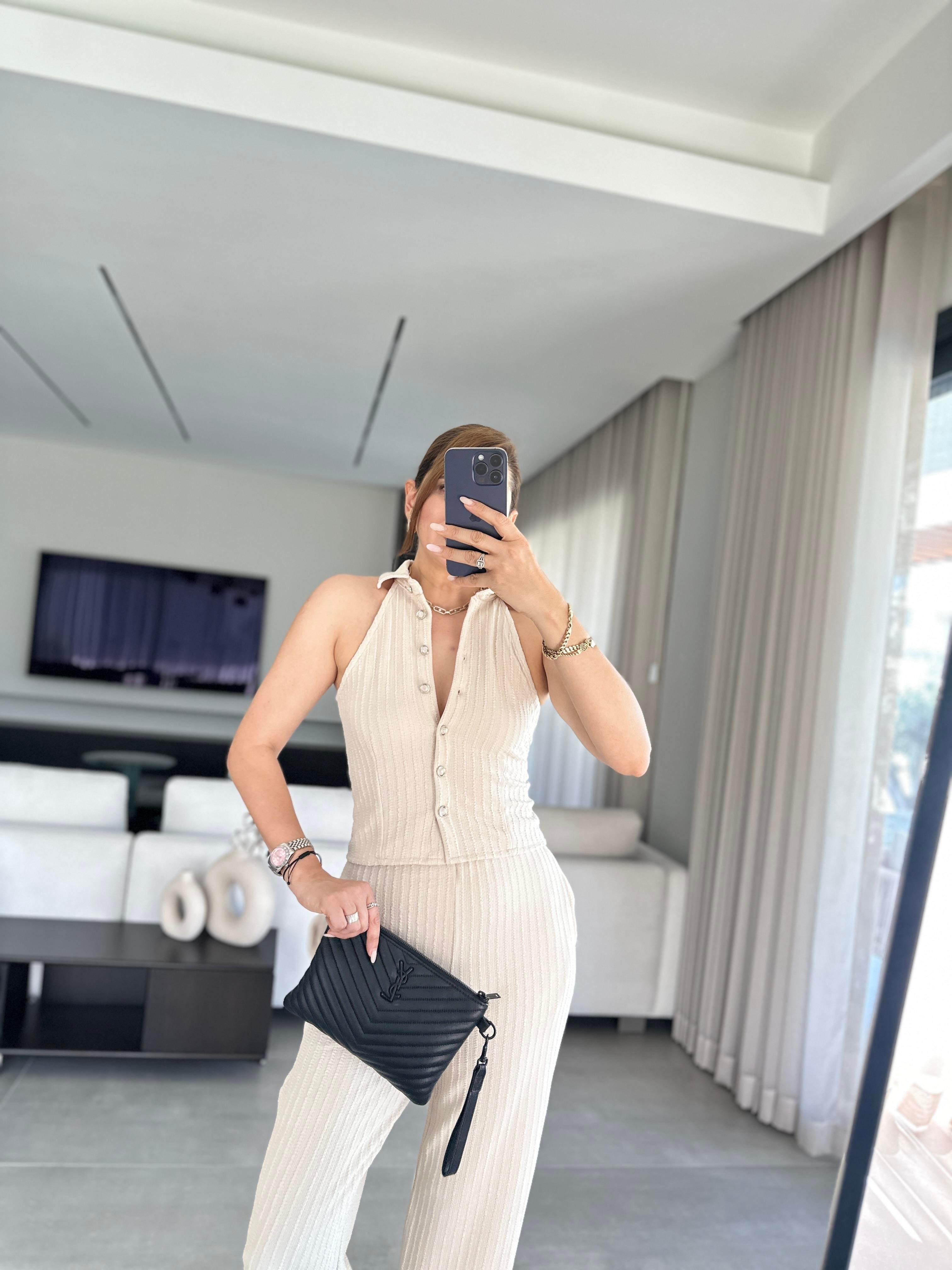 Bej Düğmeli Halter Yaka Pantolon Takım