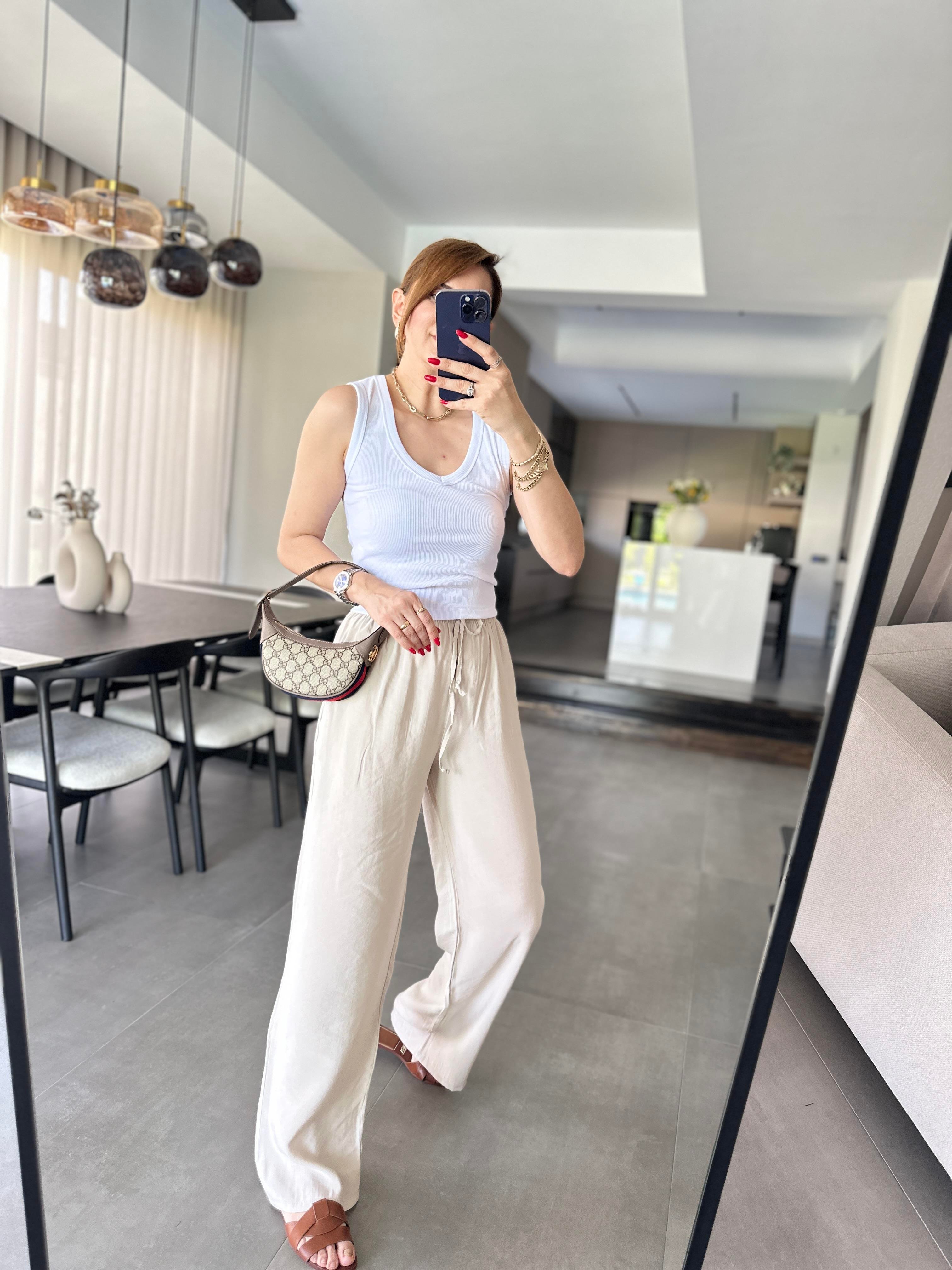 Bej İnce Kemerli Mas Pantolon