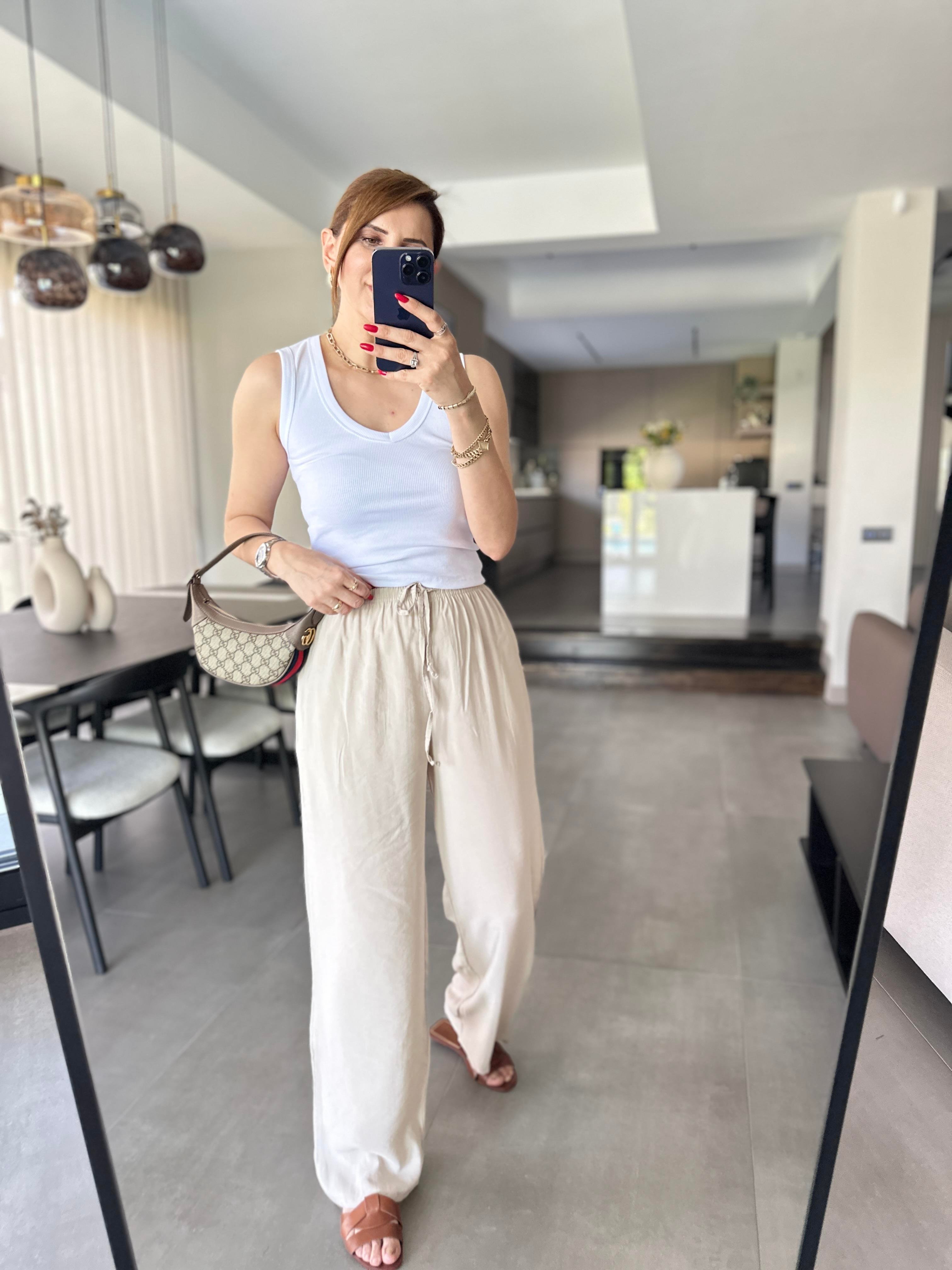 Bej İnce Kemerli Mas Pantolon