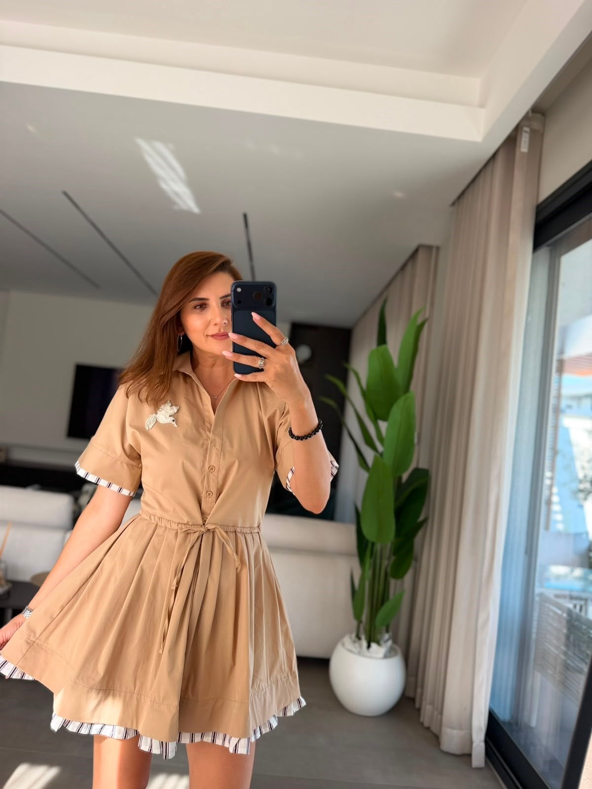 Bej Kuş Detay Bel  Büzgülü Elbise