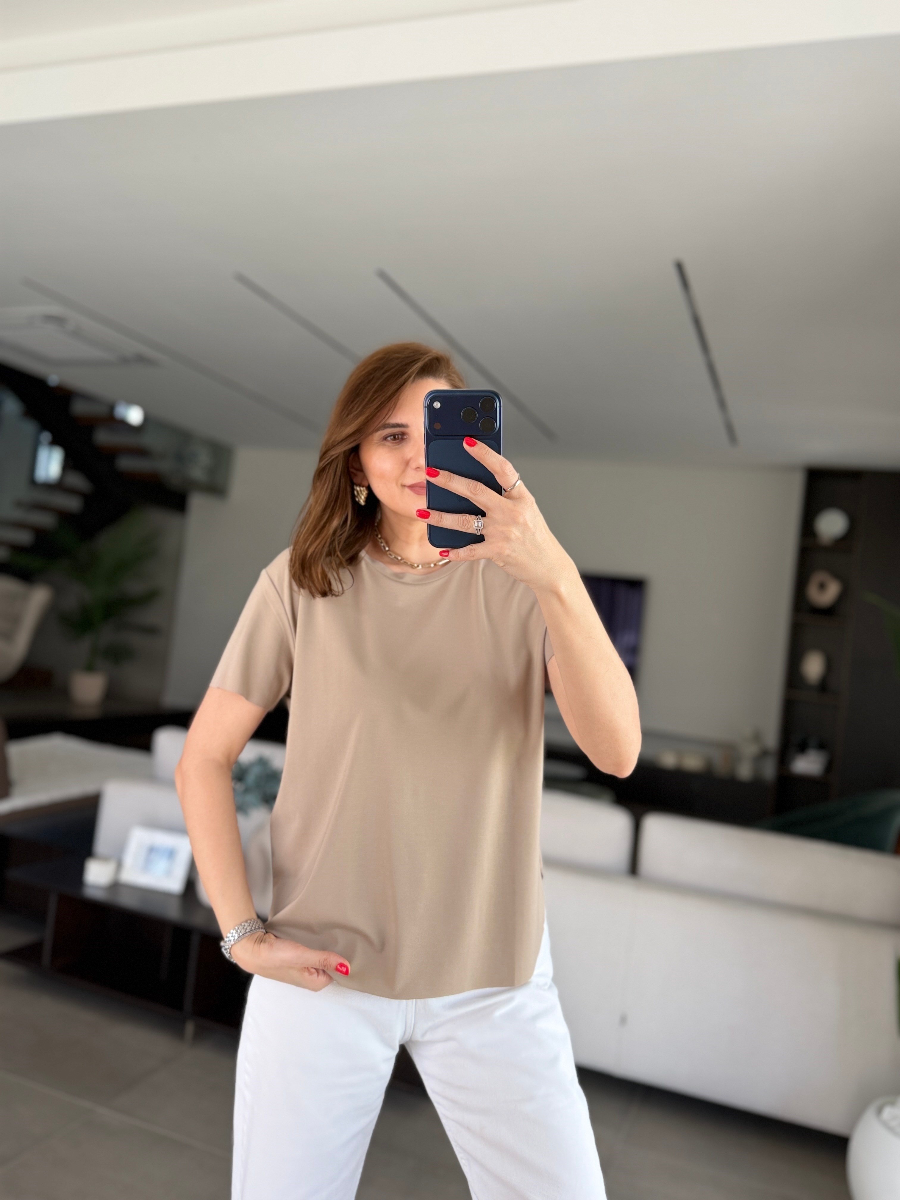Bej Lazer Kesim Basic T-shirt