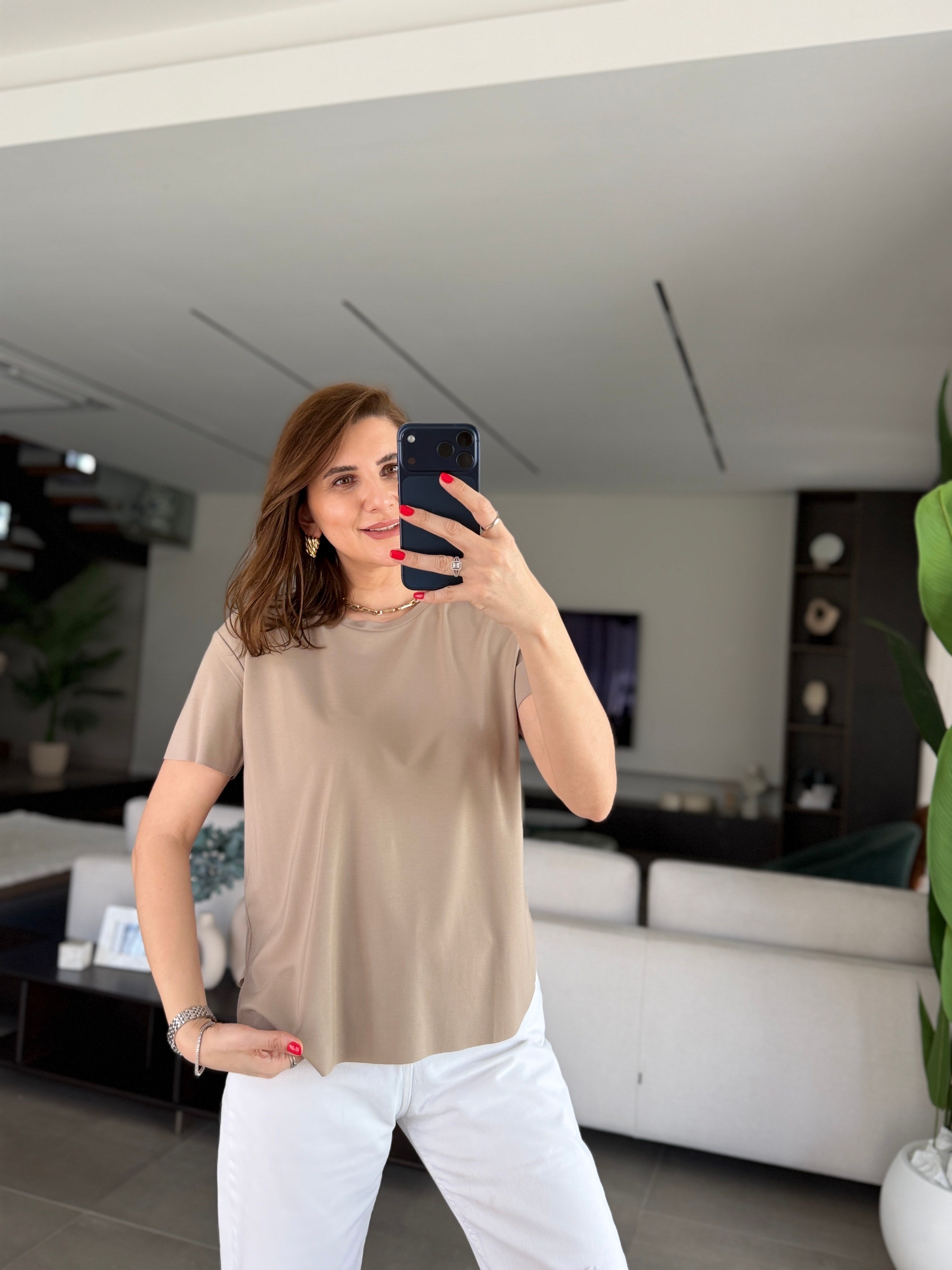 Bej Lazer Kesim Basic T-shirt