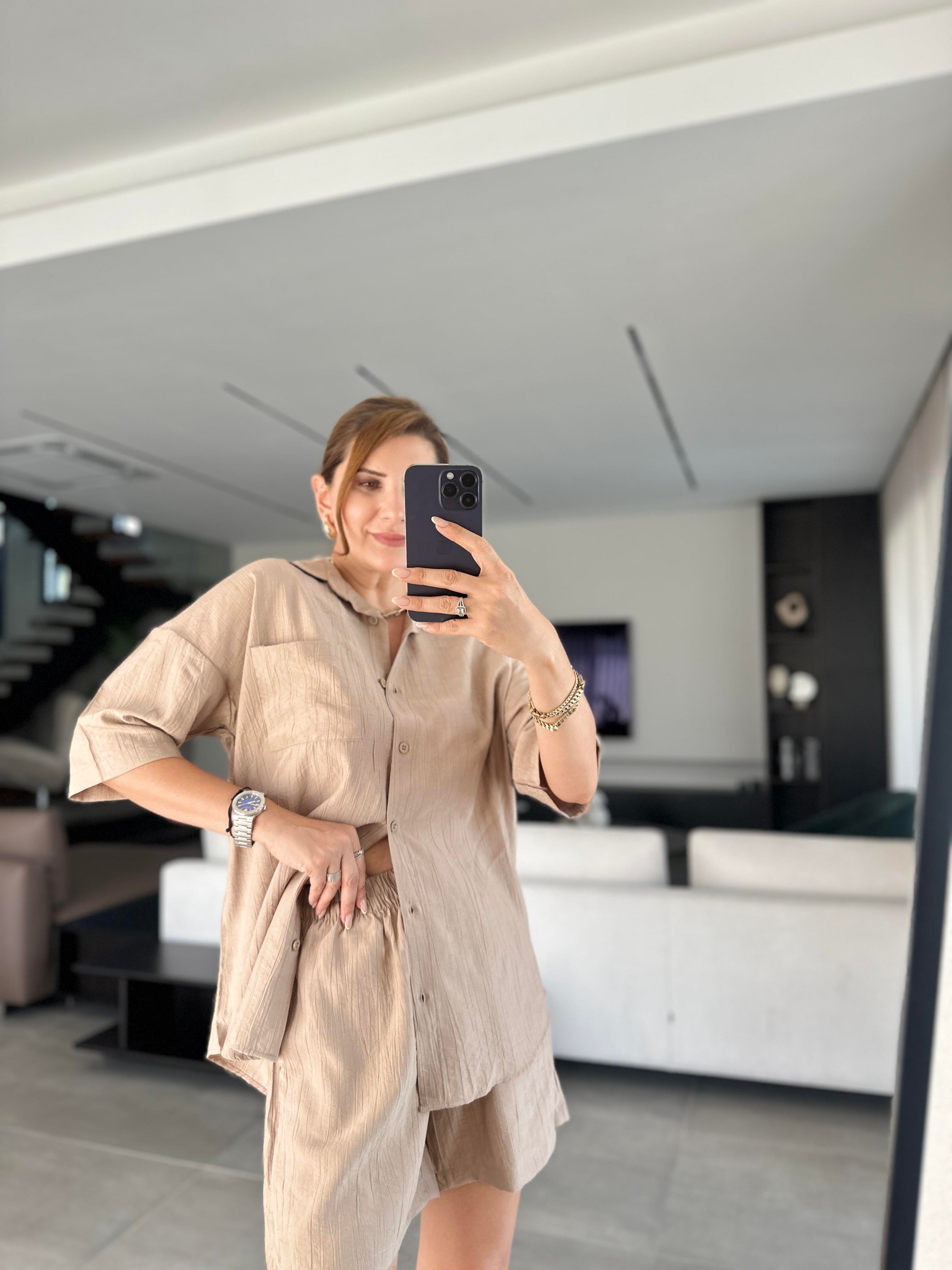 Bej Licardi Keten Şort Takım