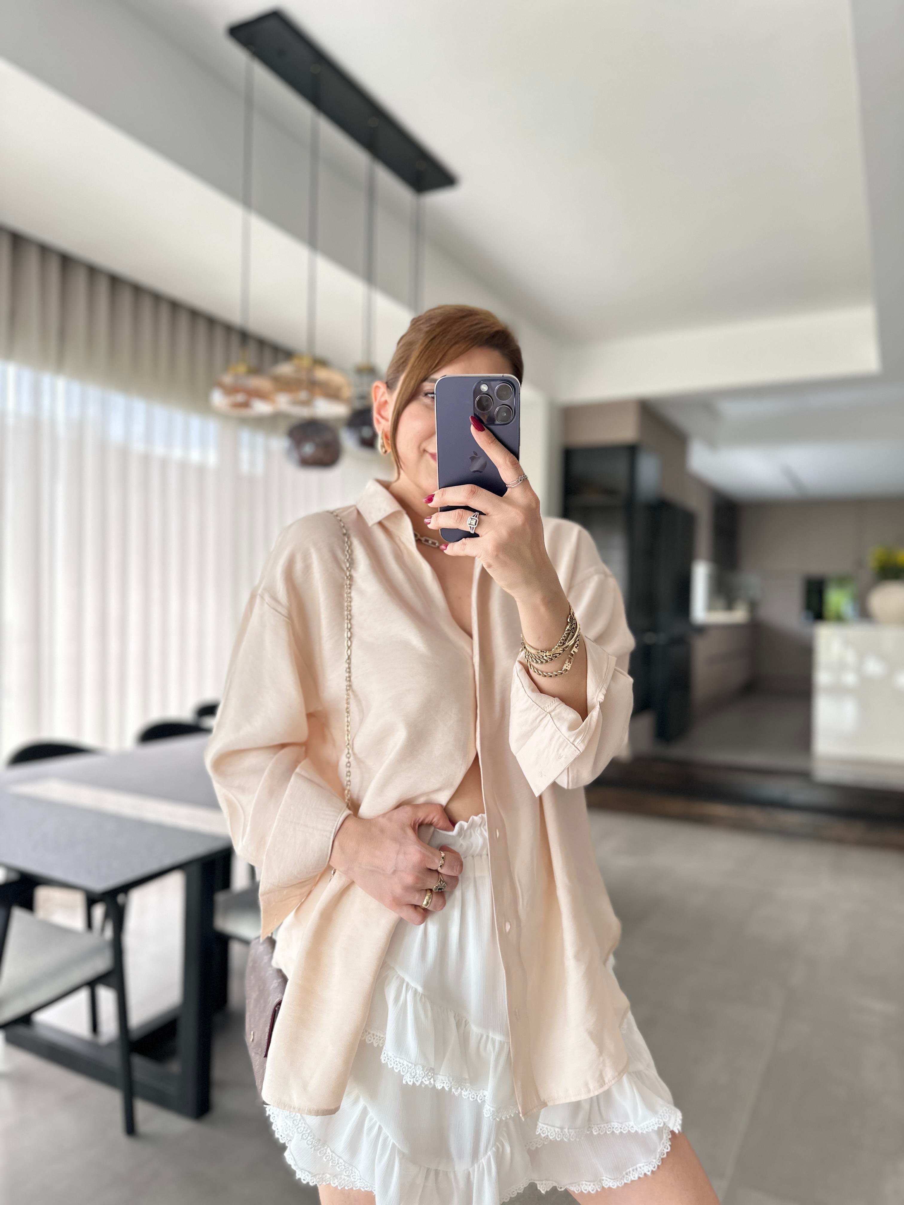 Bej Modal Oversize Gömlek