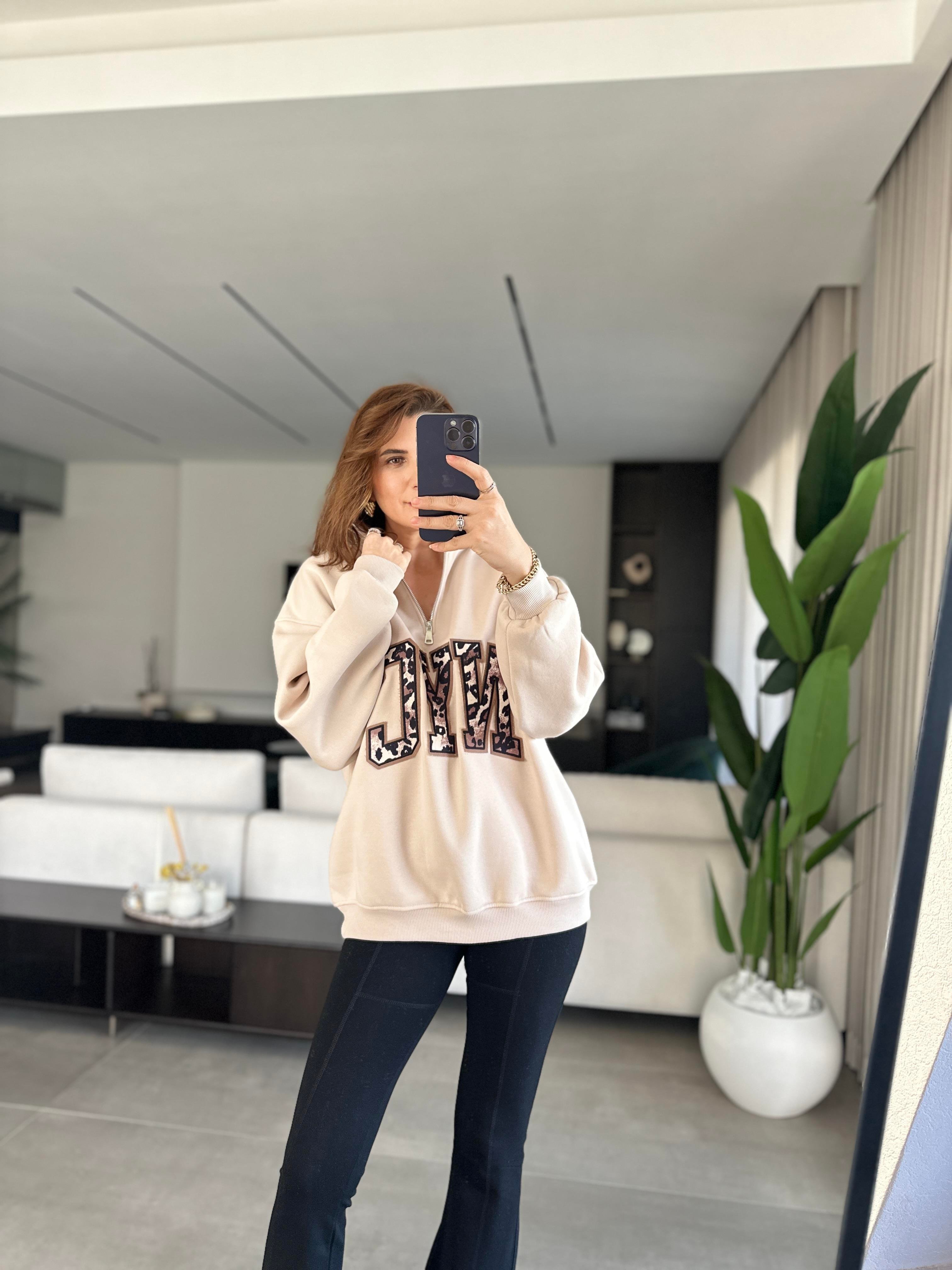 Bej NYC Baskılı Yaka Fermuarlı Sweat