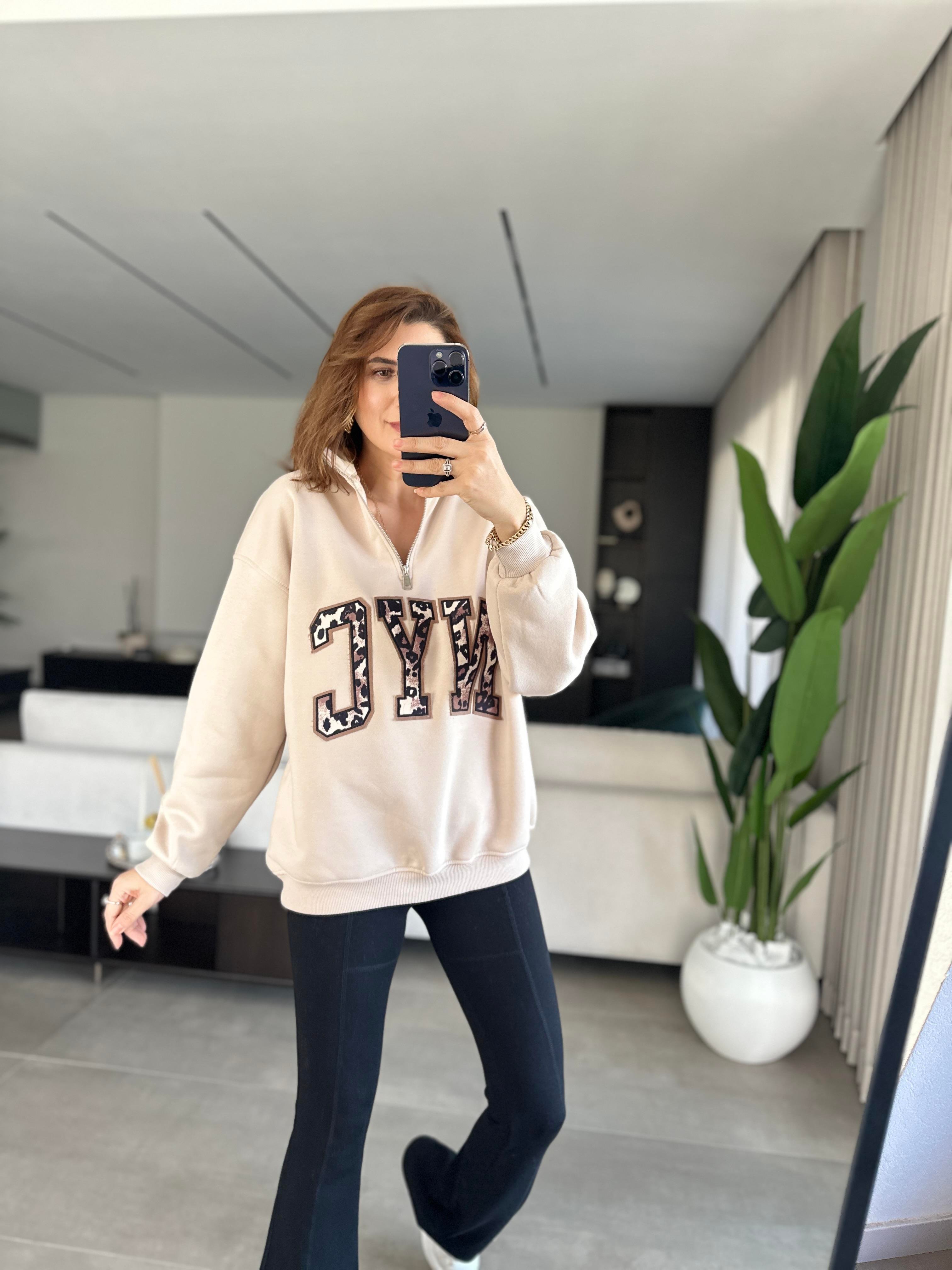 Bej NYC Baskılı Yaka Fermuarlı Sweat