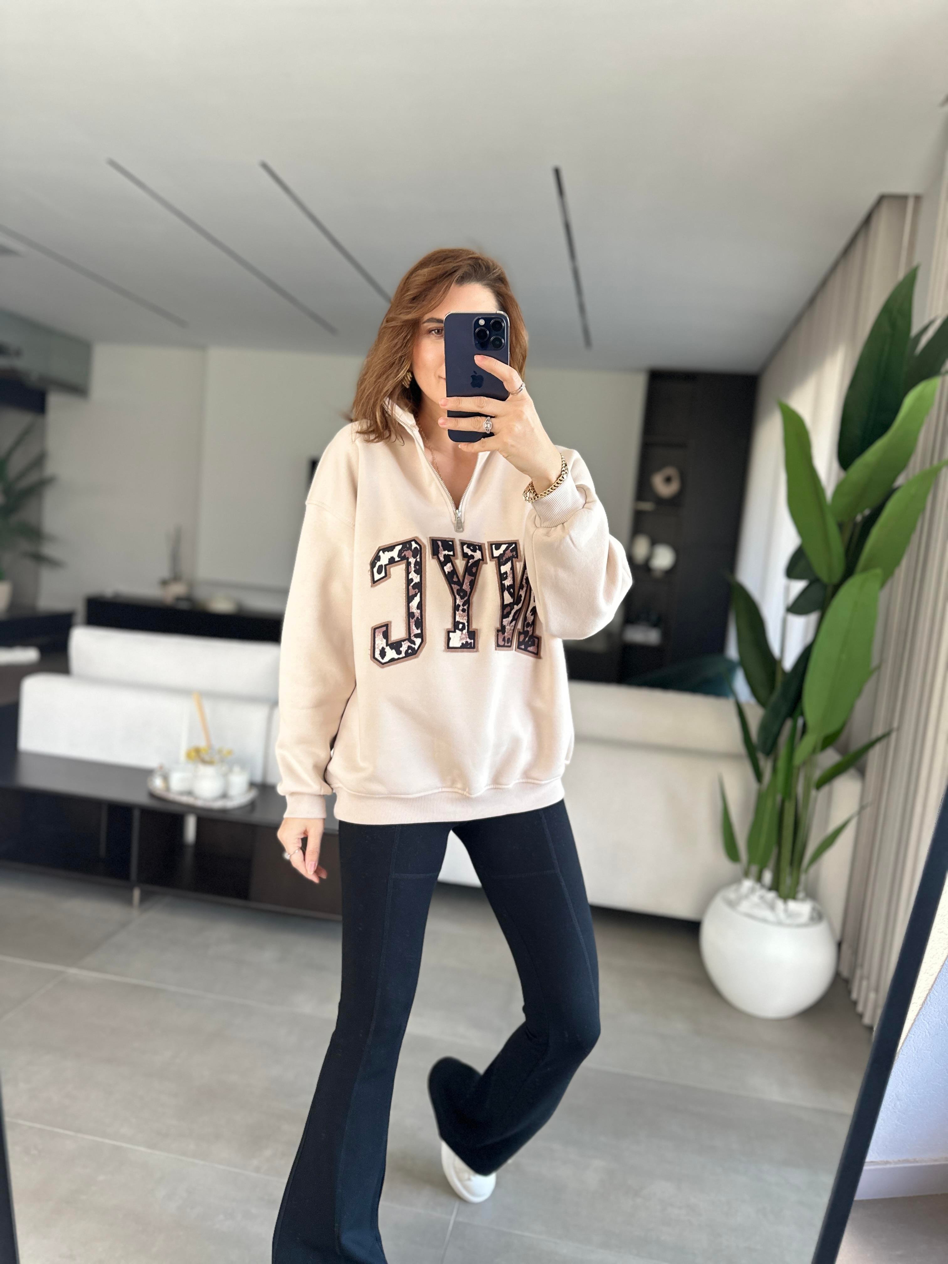 Bej NYC Baskılı Yaka Fermuarlı Sweat