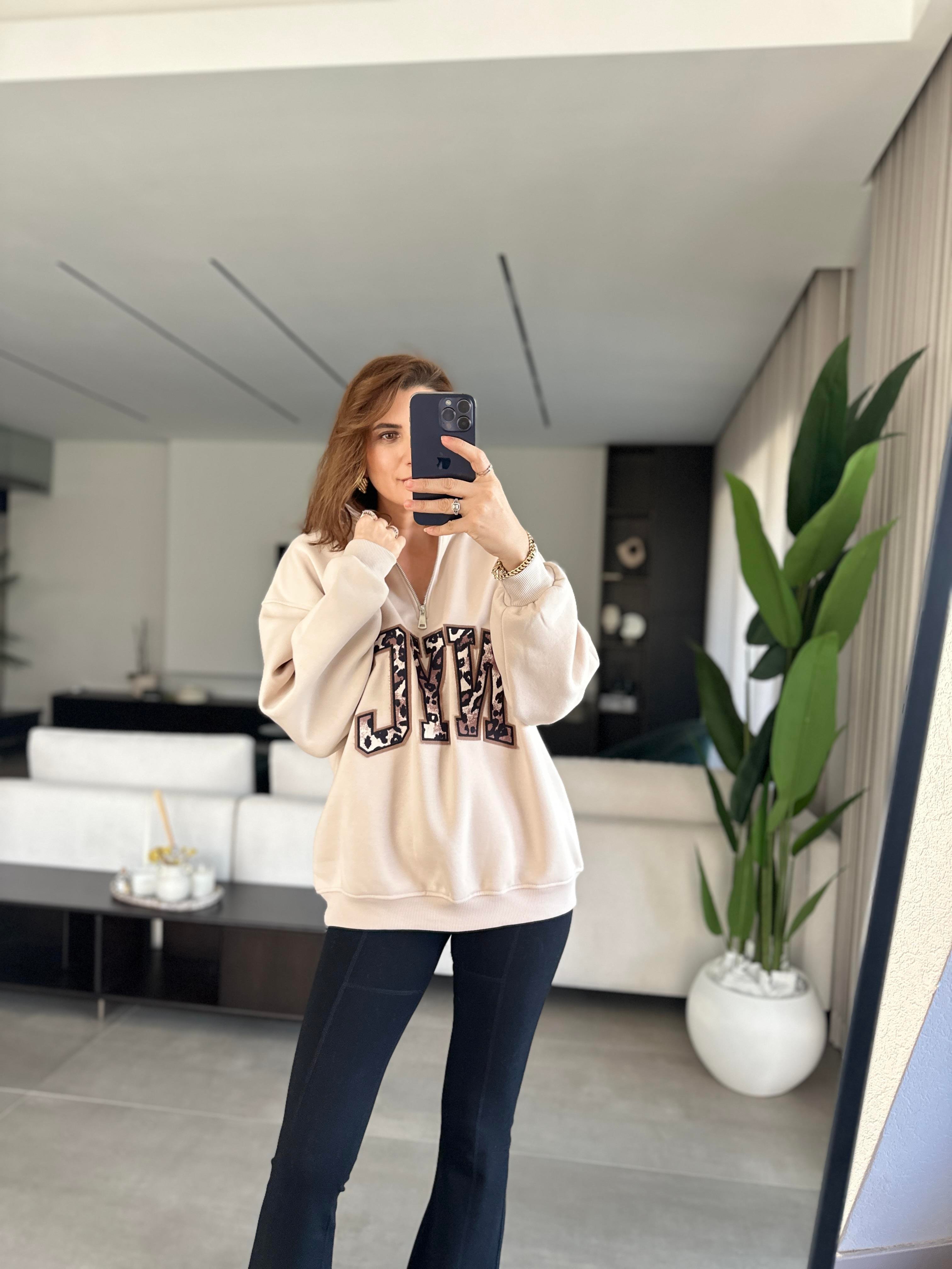 Bej NYC Baskılı Yaka Fermuarlı Sweat