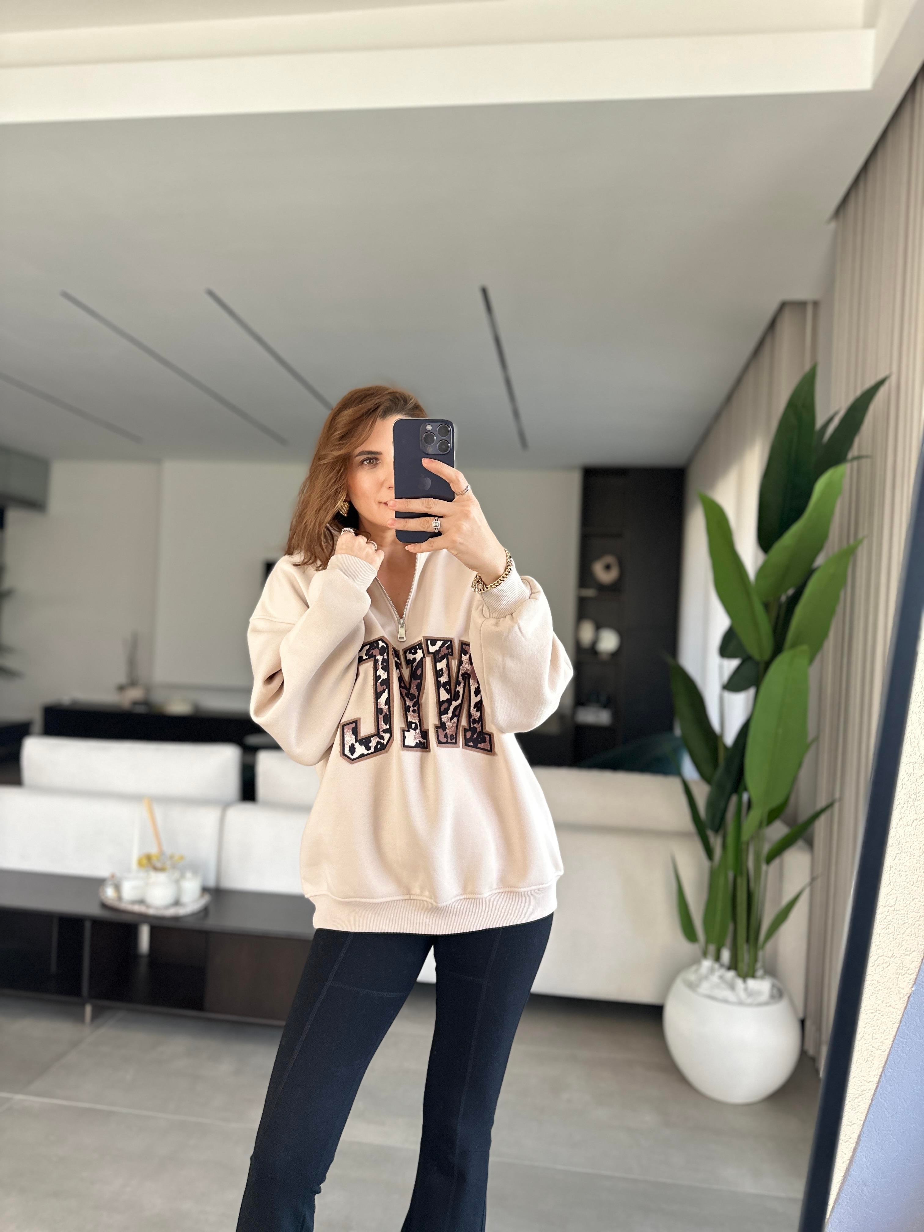 Bej NYC Baskılı Yaka Fermuarlı Sweat