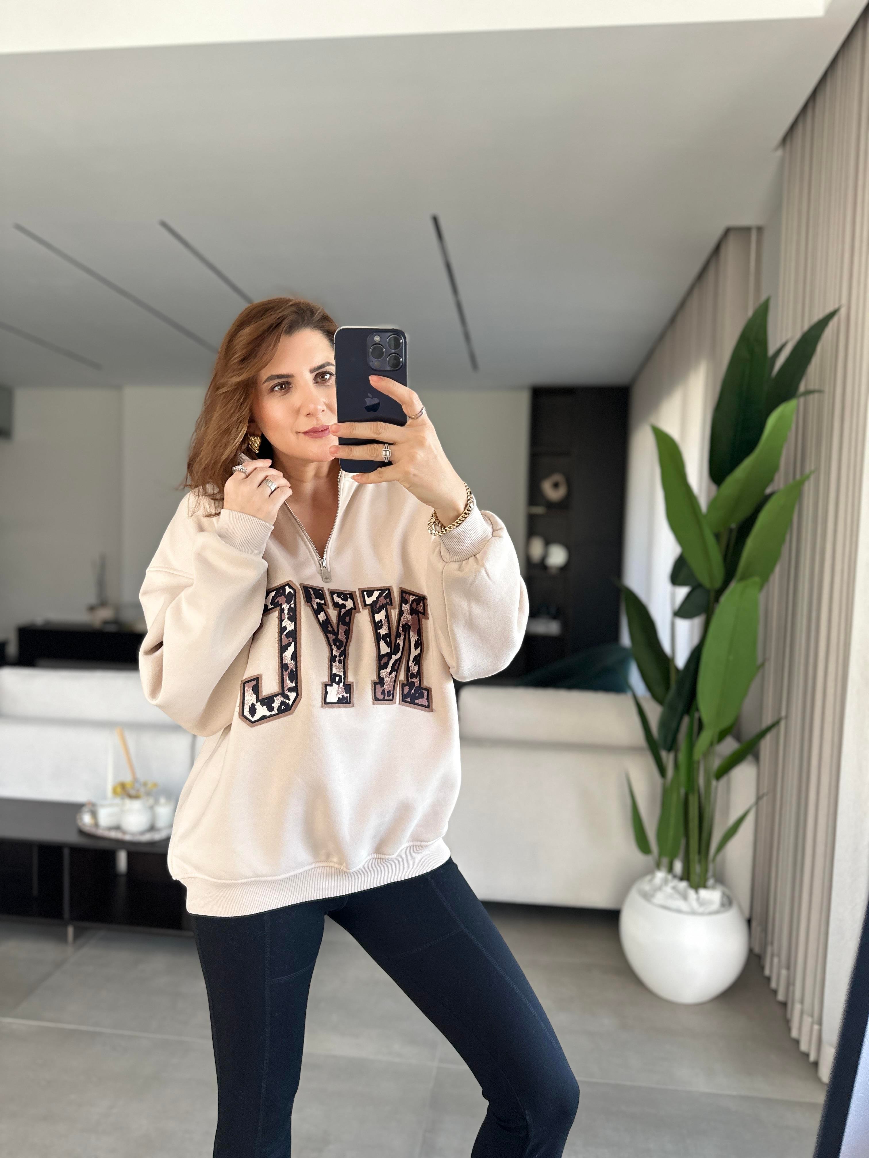Bej NYC Baskılı Yaka Fermuarlı Sweat