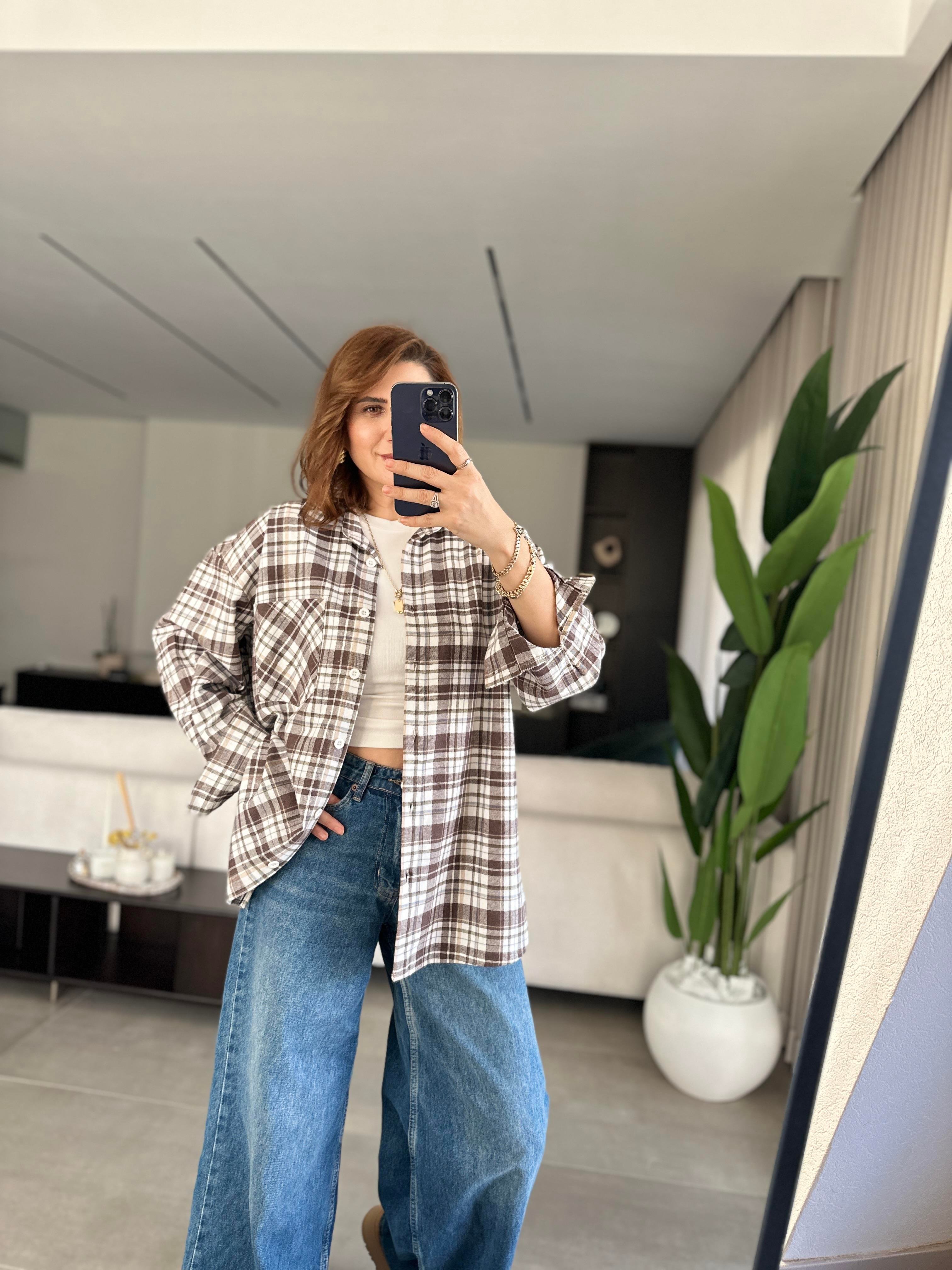 Bej Oversize Ekoseli Gömlek