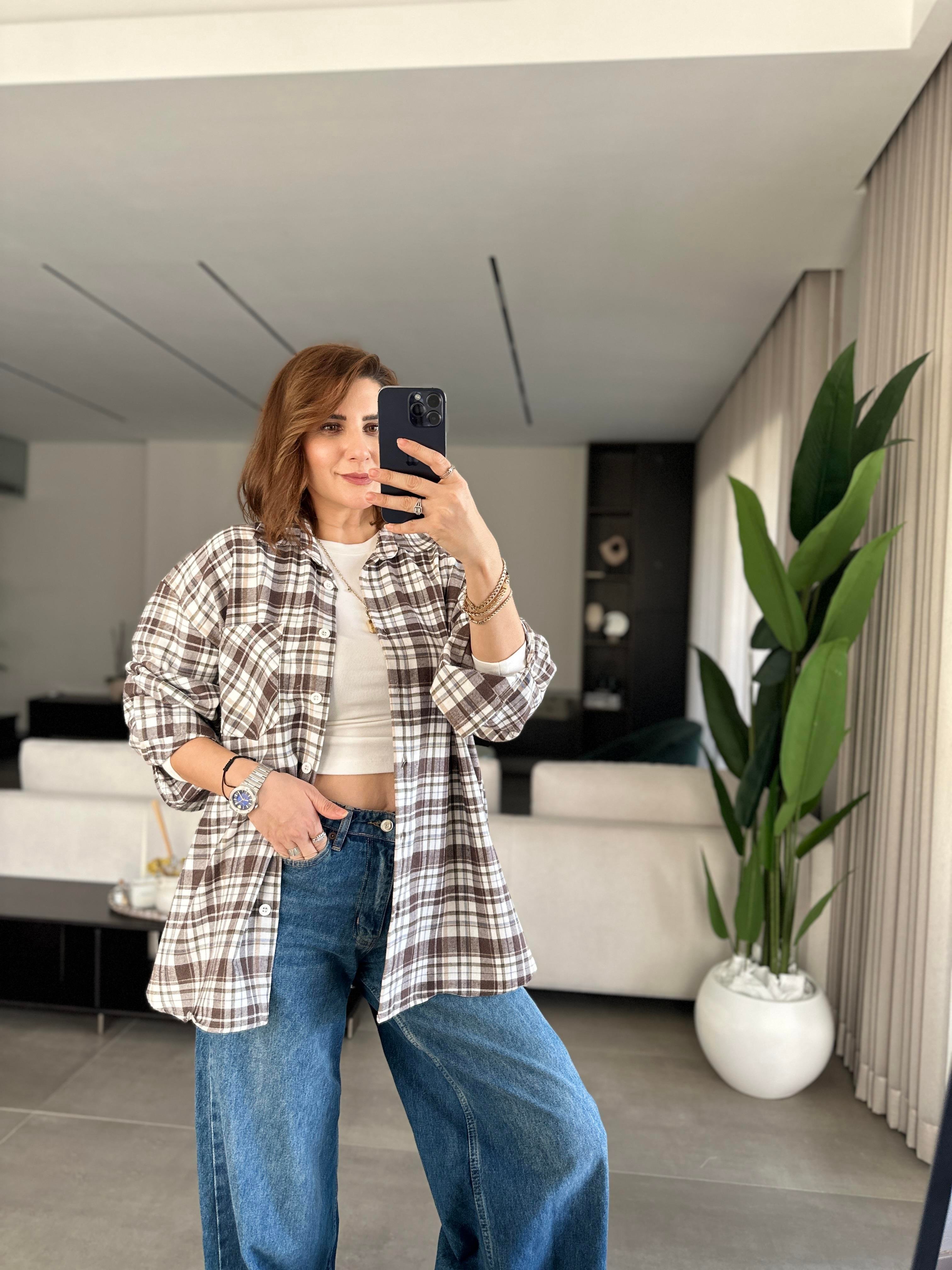 Bej Oversize Ekoseli Gömlek