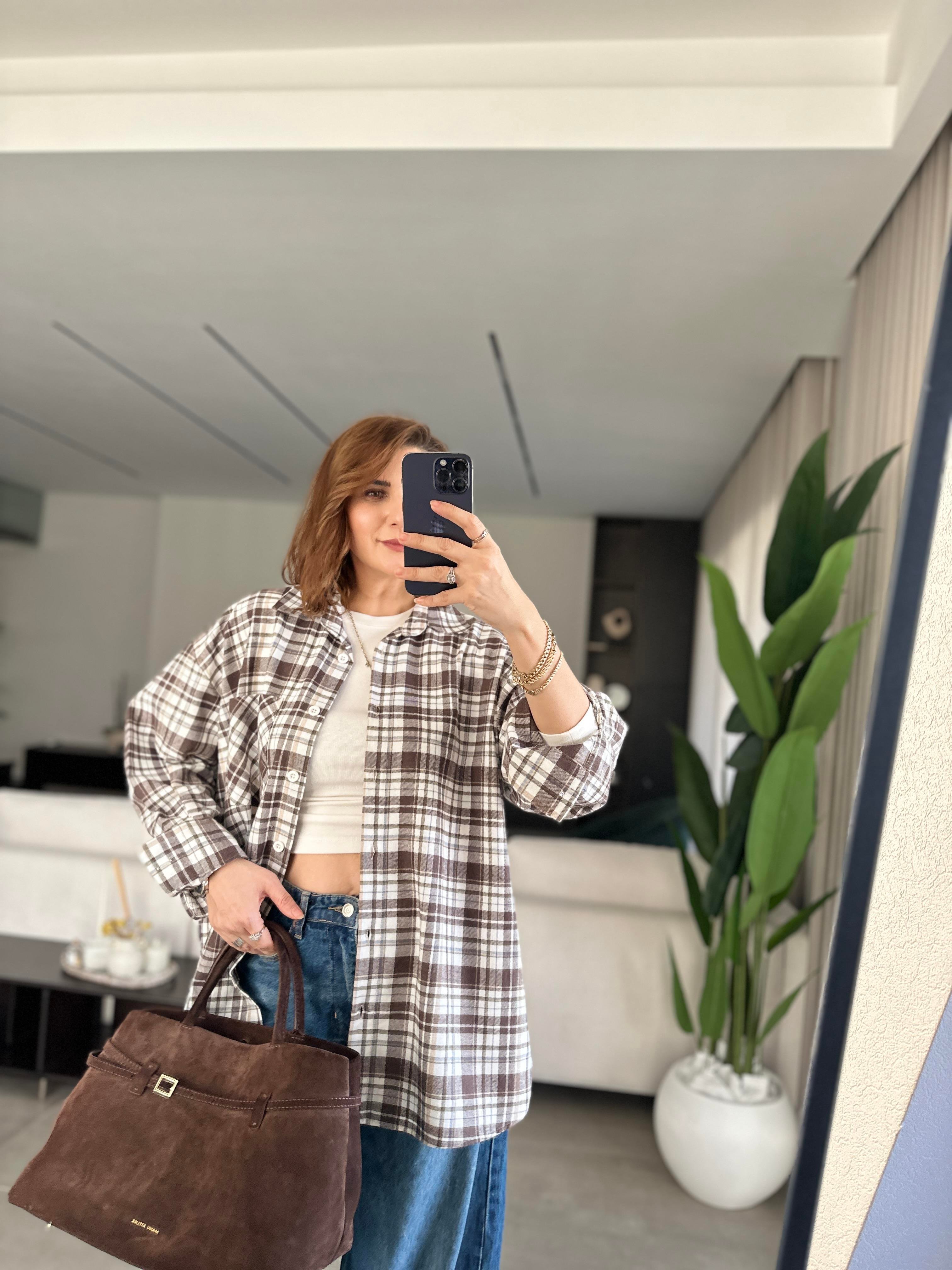 Bej Oversize Ekoseli Gömlek