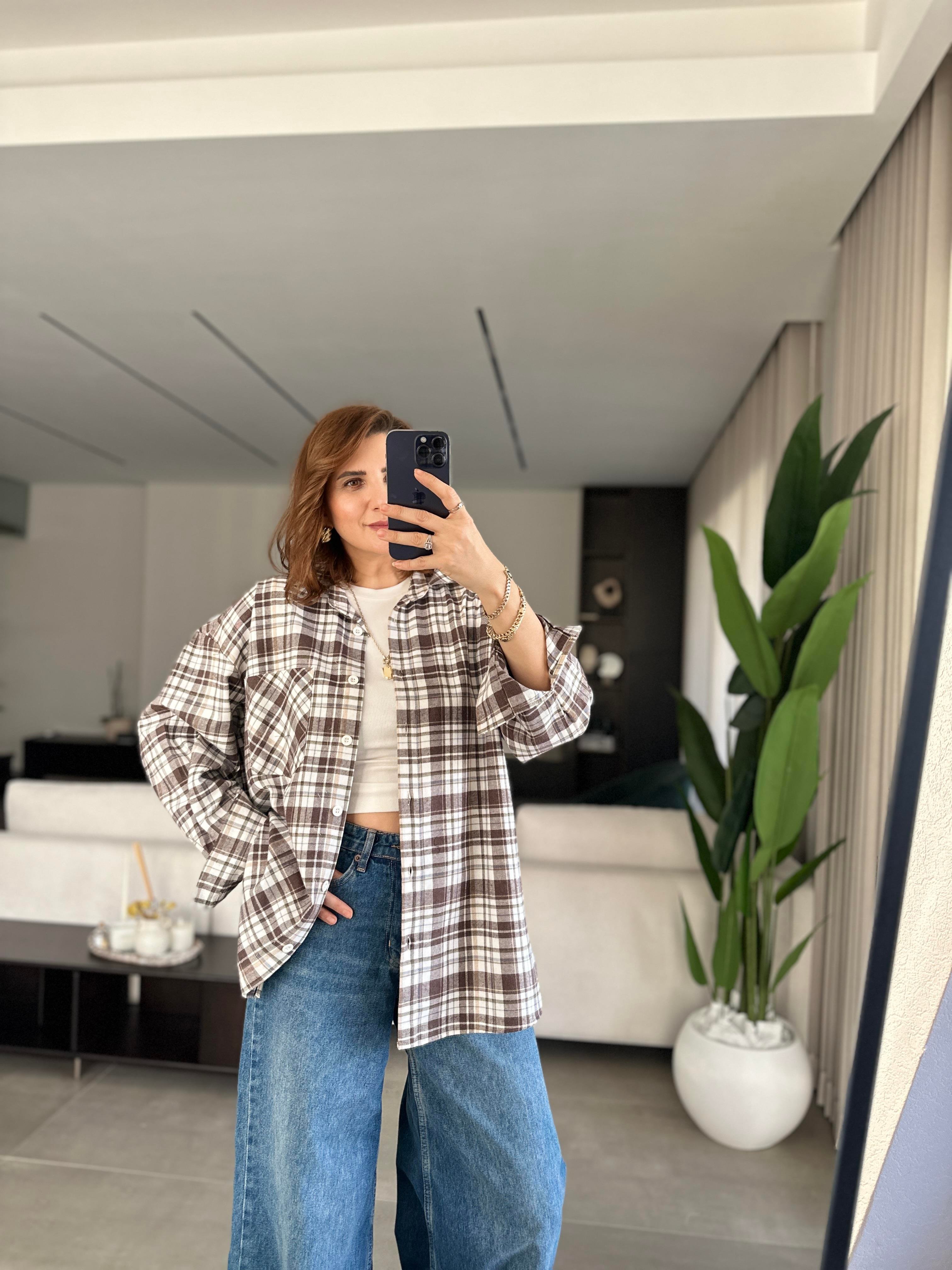 Bej Oversize Ekoseli Gömlek