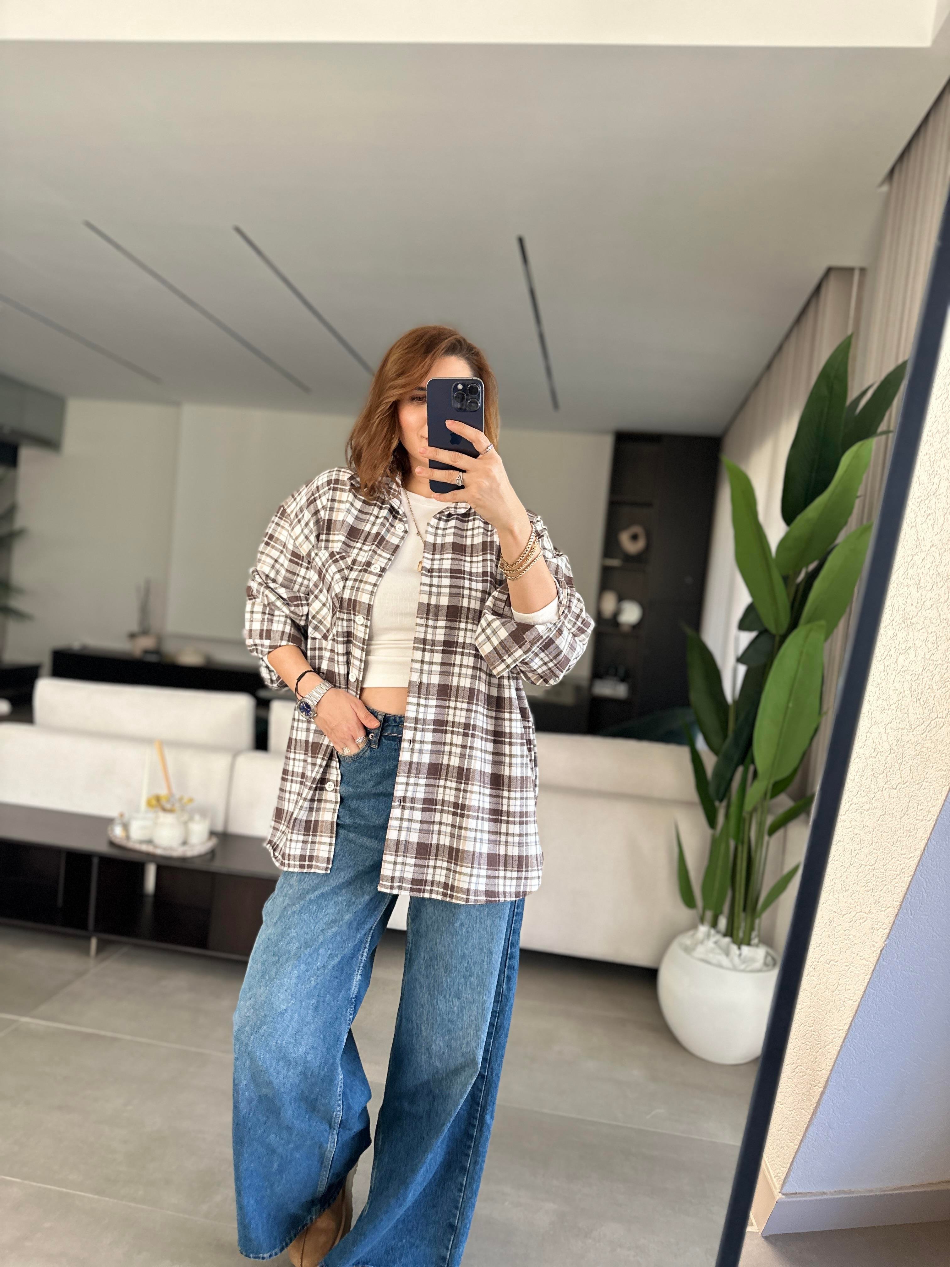 Bej Oversize Ekoseli Gömlek