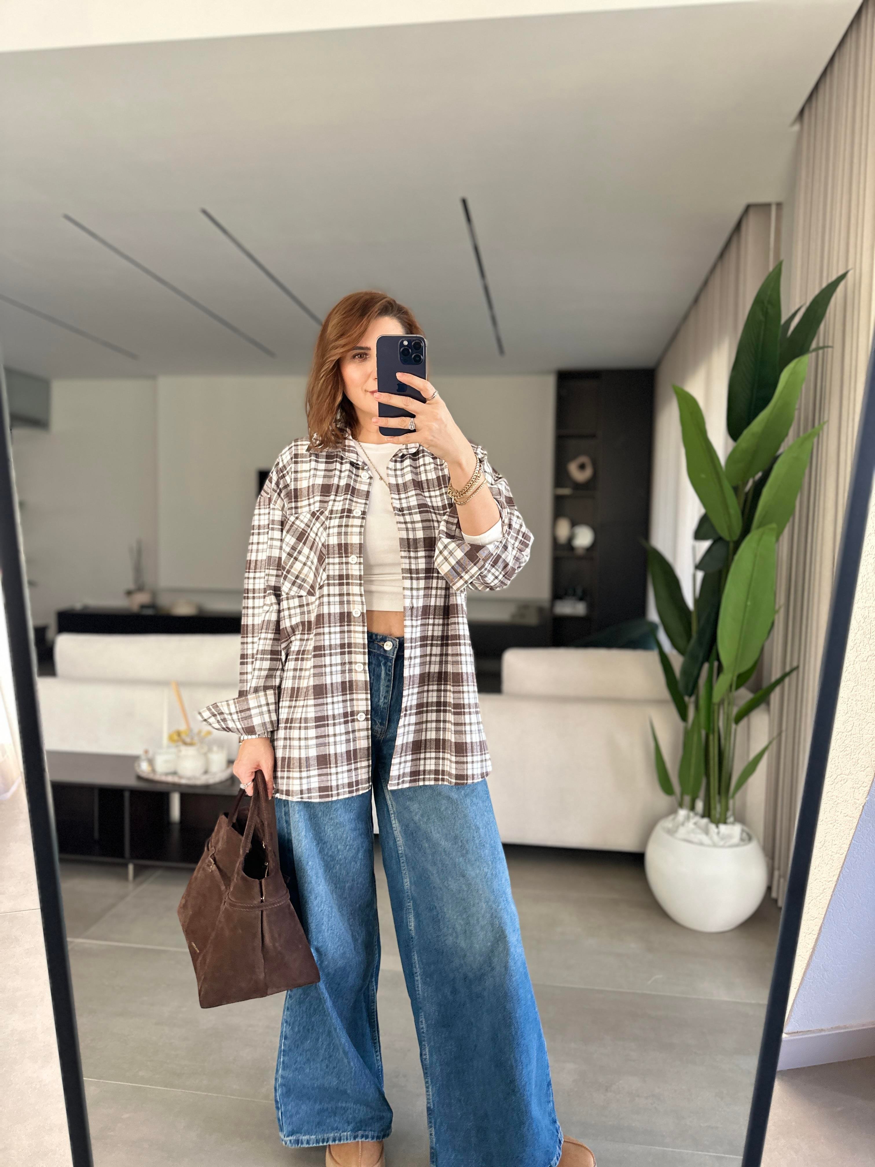 Bej Oversize Ekoseli Gömlek