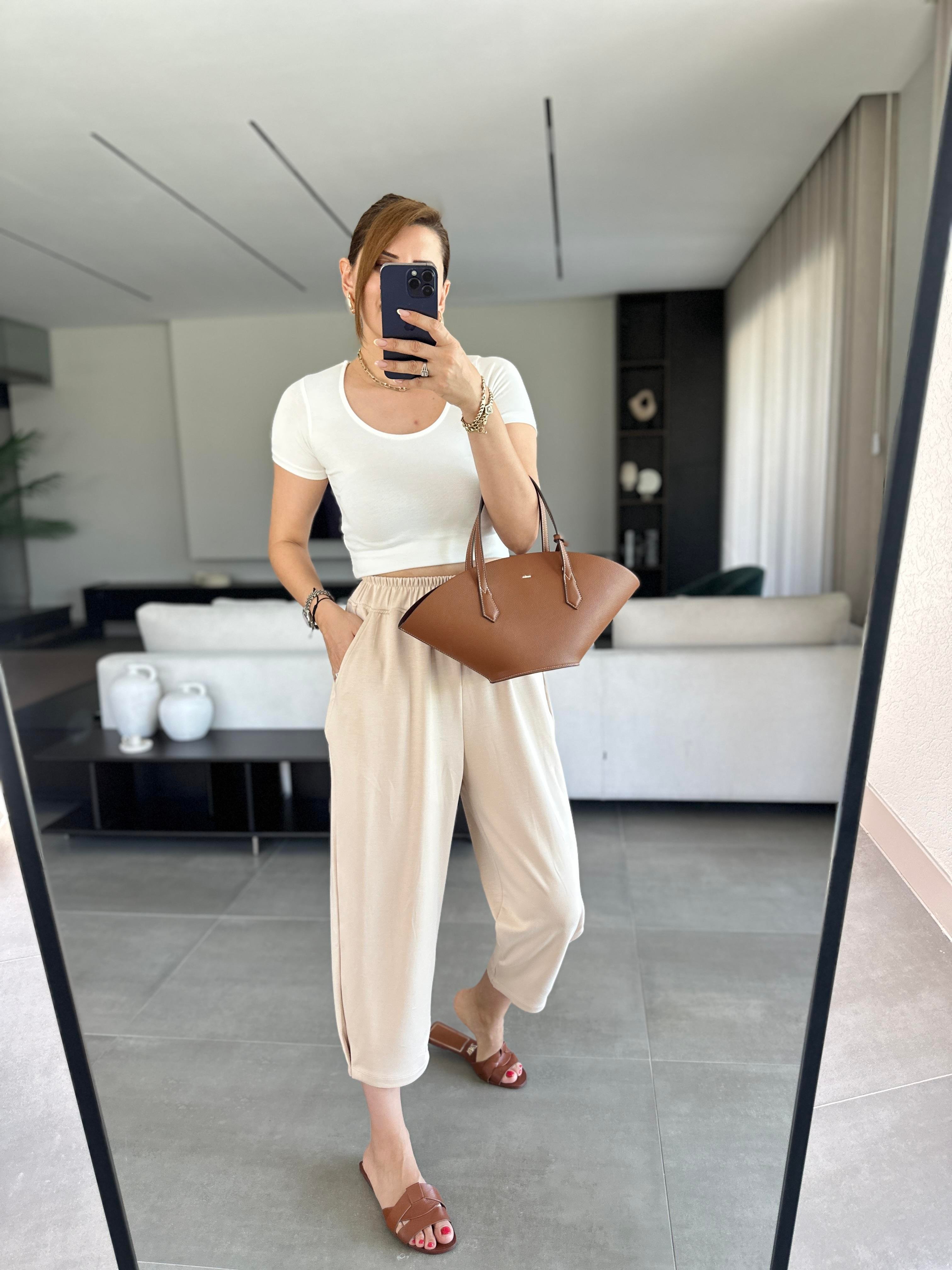Bej Paça Tutturmalı Modal Pantolon