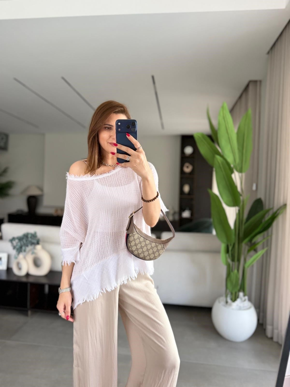 Bej Saçaklı File Bluz