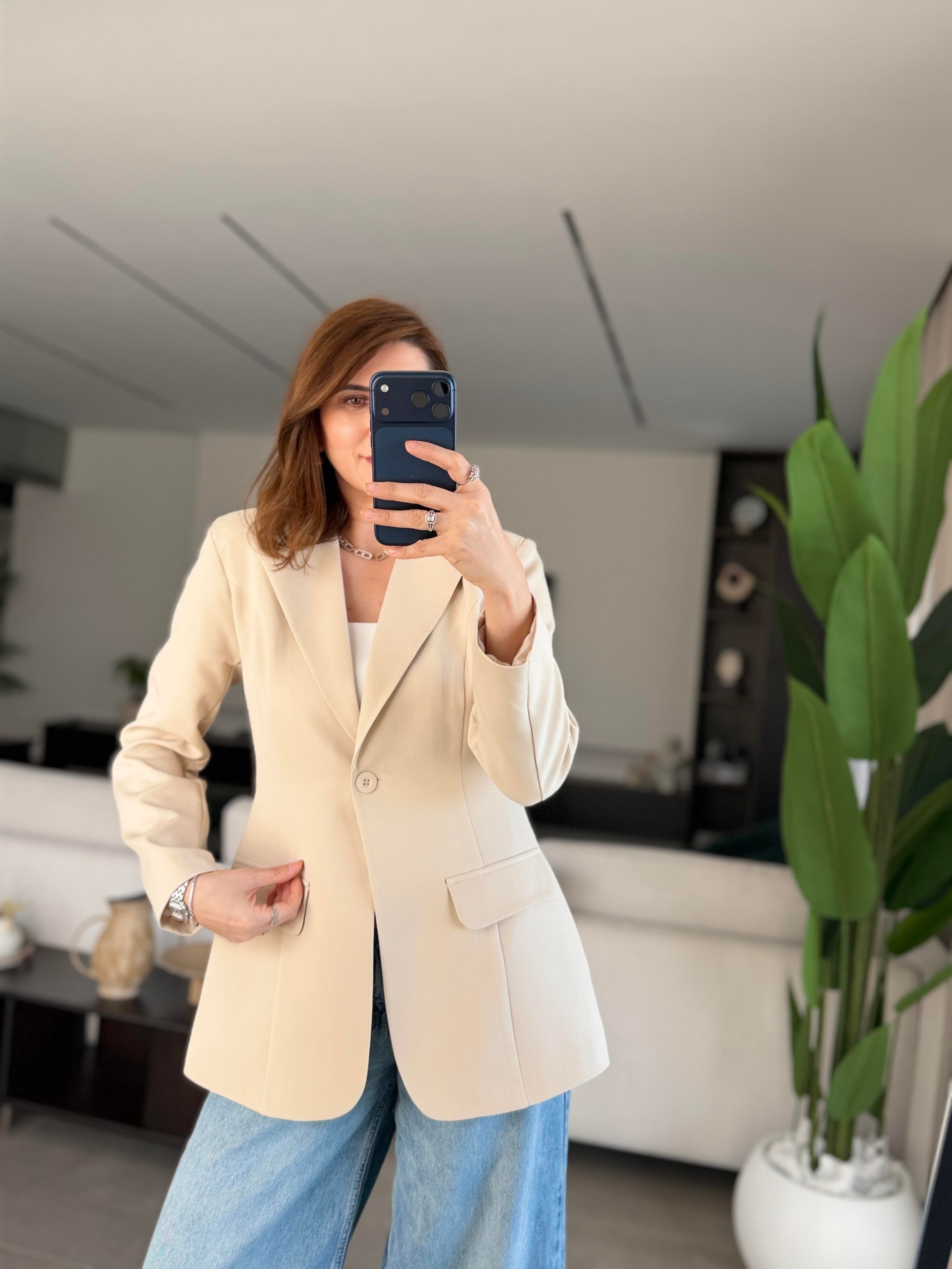 Bej Tek Düğme Hürrem Blazer Ceket