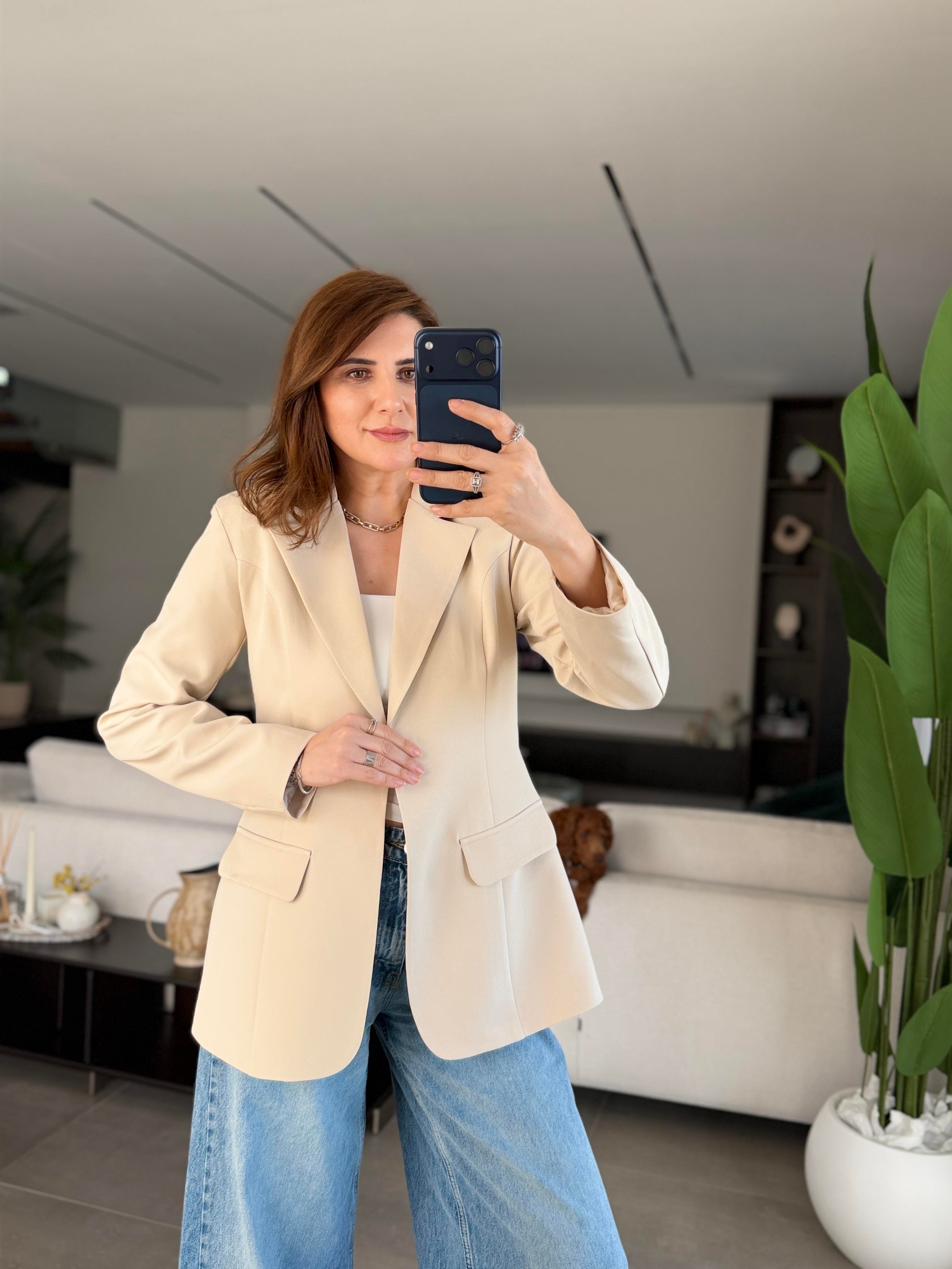 Bej Tek Düğme Hürrem Blazer Ceket