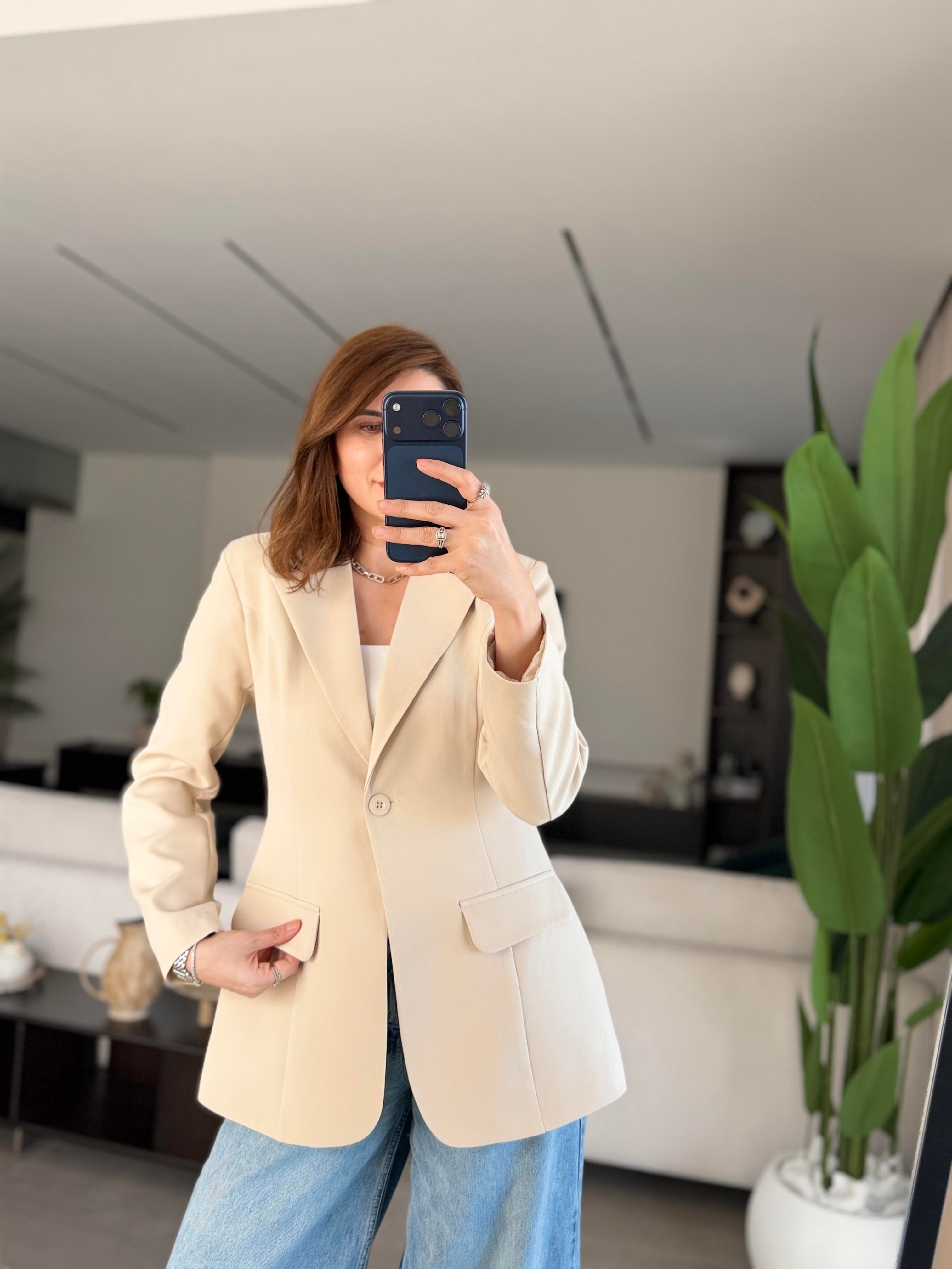 Bej Tek Düğme Hürrem Blazer Ceket