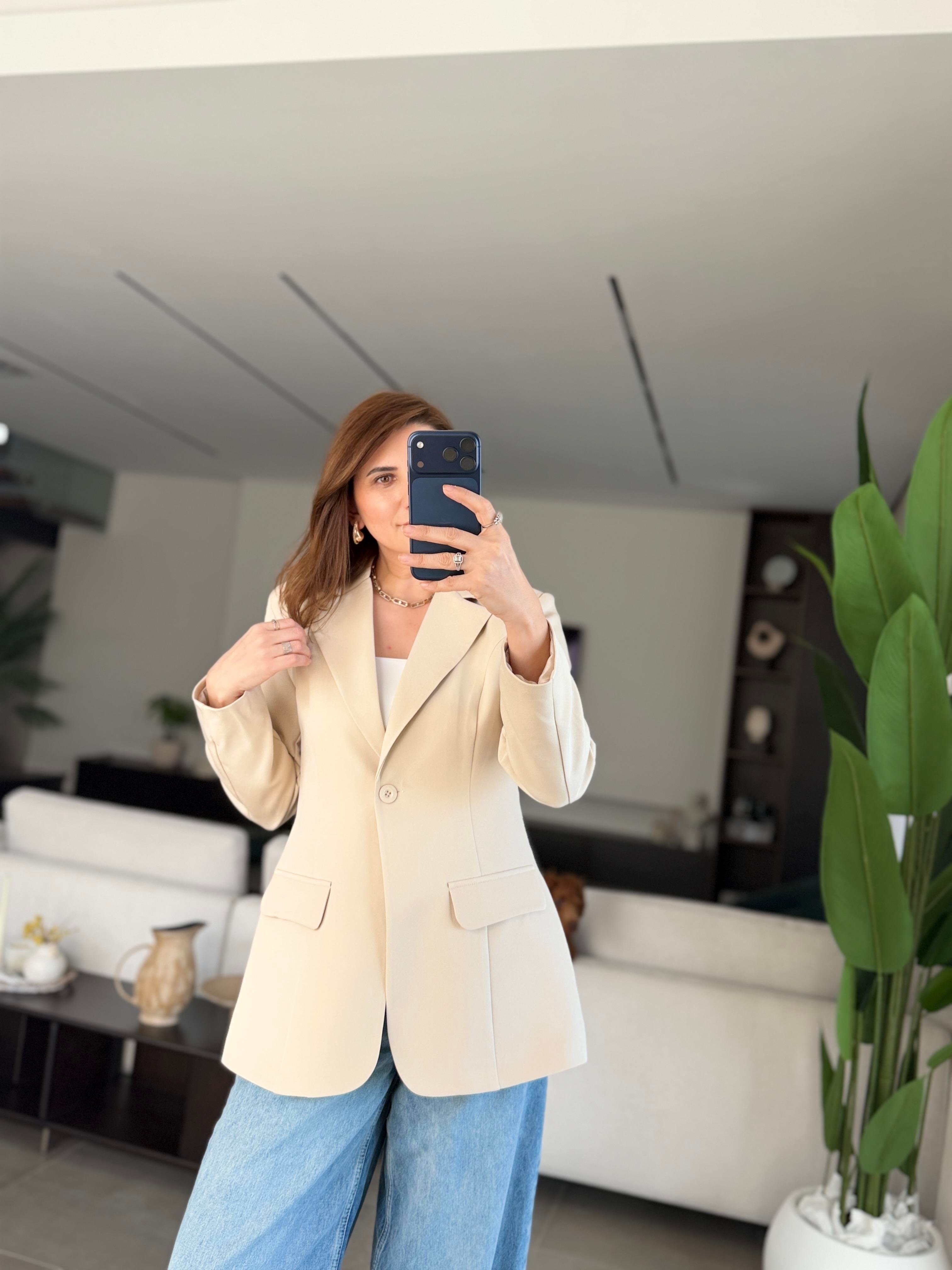 Bej Tek Düğme Hürrem Blazer Ceket