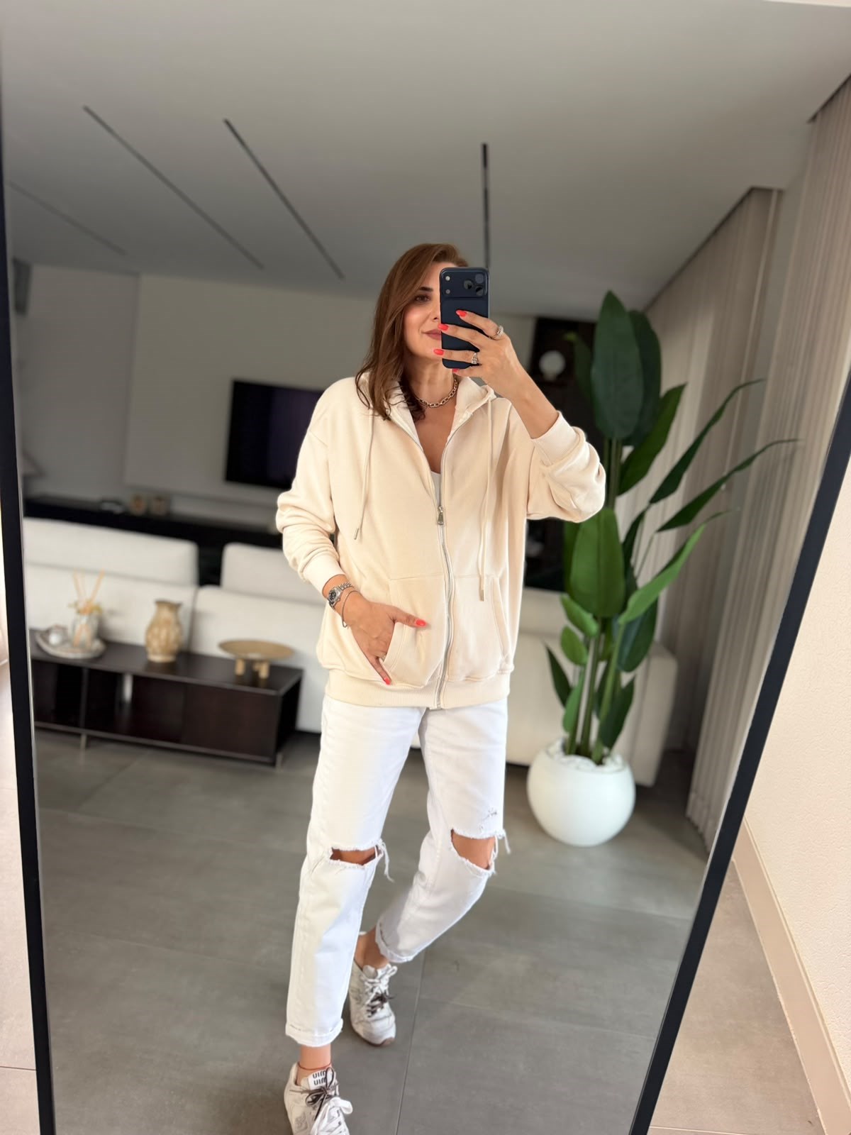 Bej Üç İplik Kapşonlu Oversize Ceket