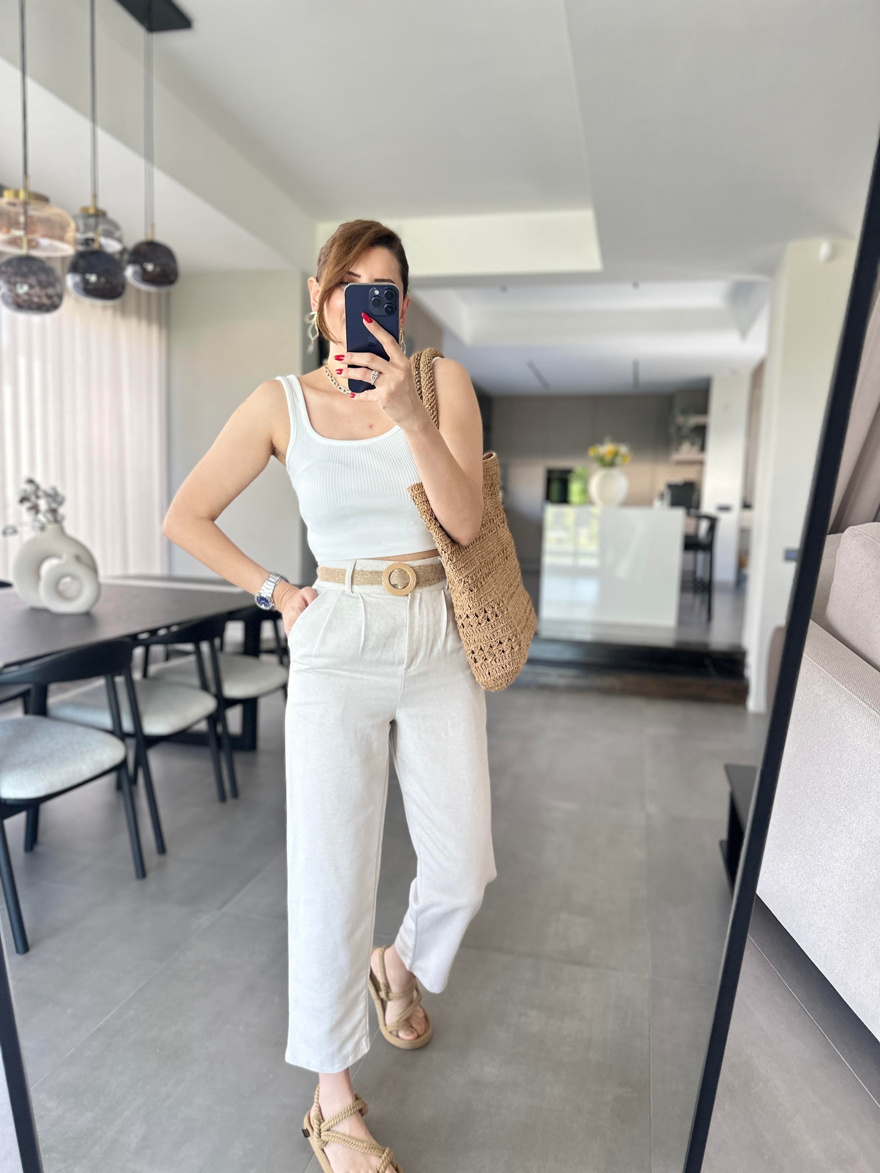 Bel Pile Detaylı Keten Pantolon