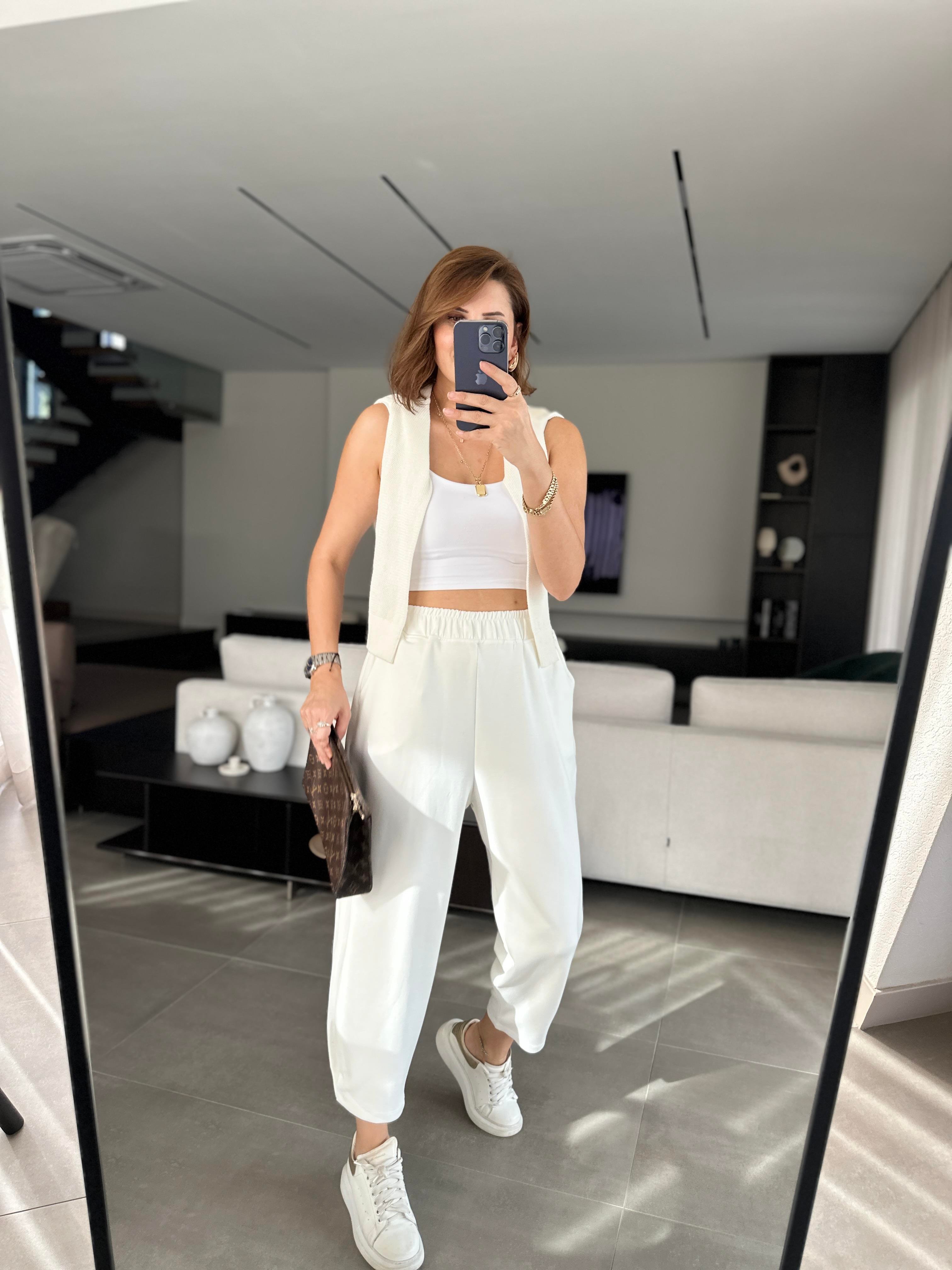 Beyaz Baggy Tutturmalı Pantolon