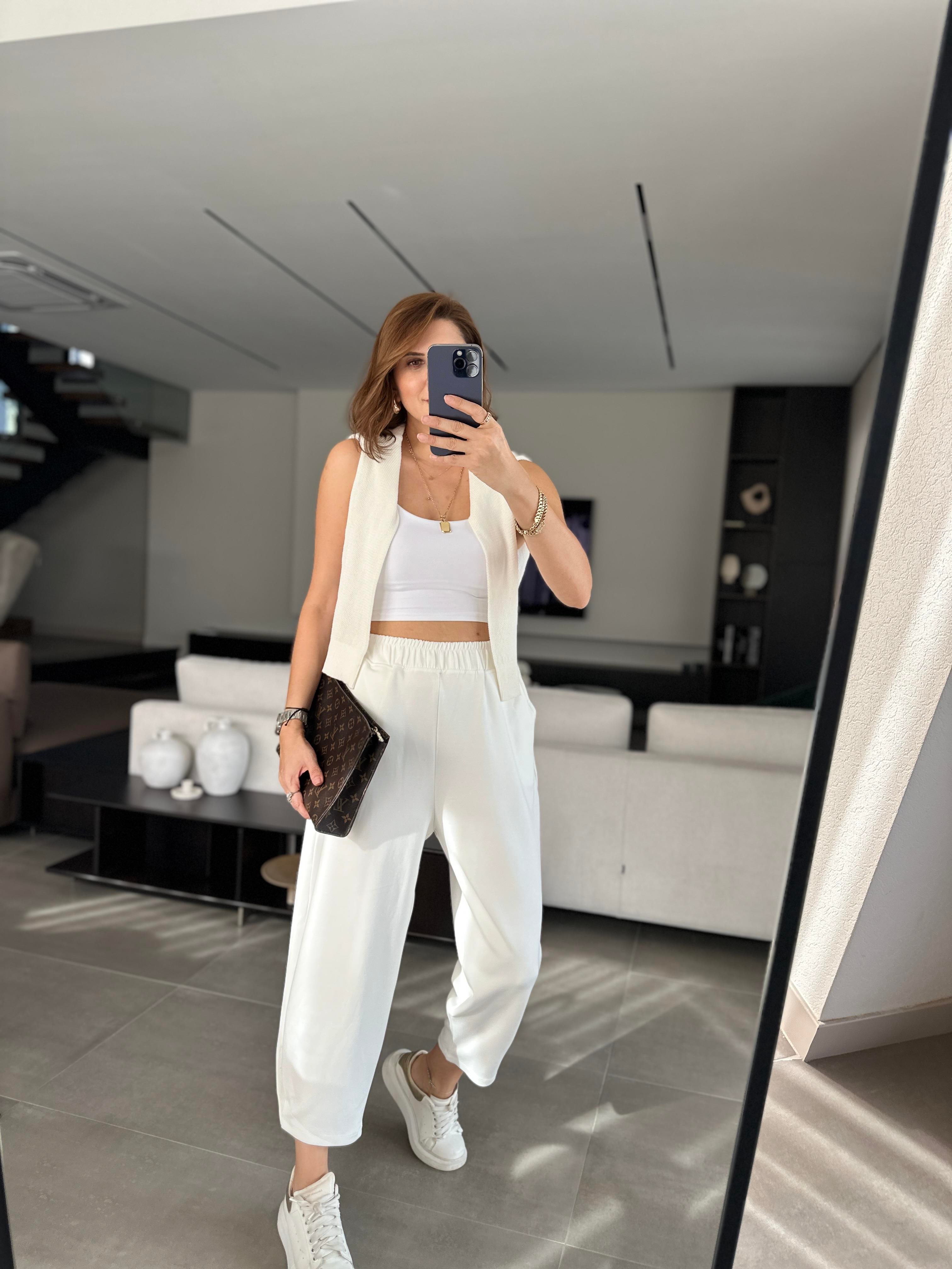 Beyaz Baggy Tutturmalı Pantolon