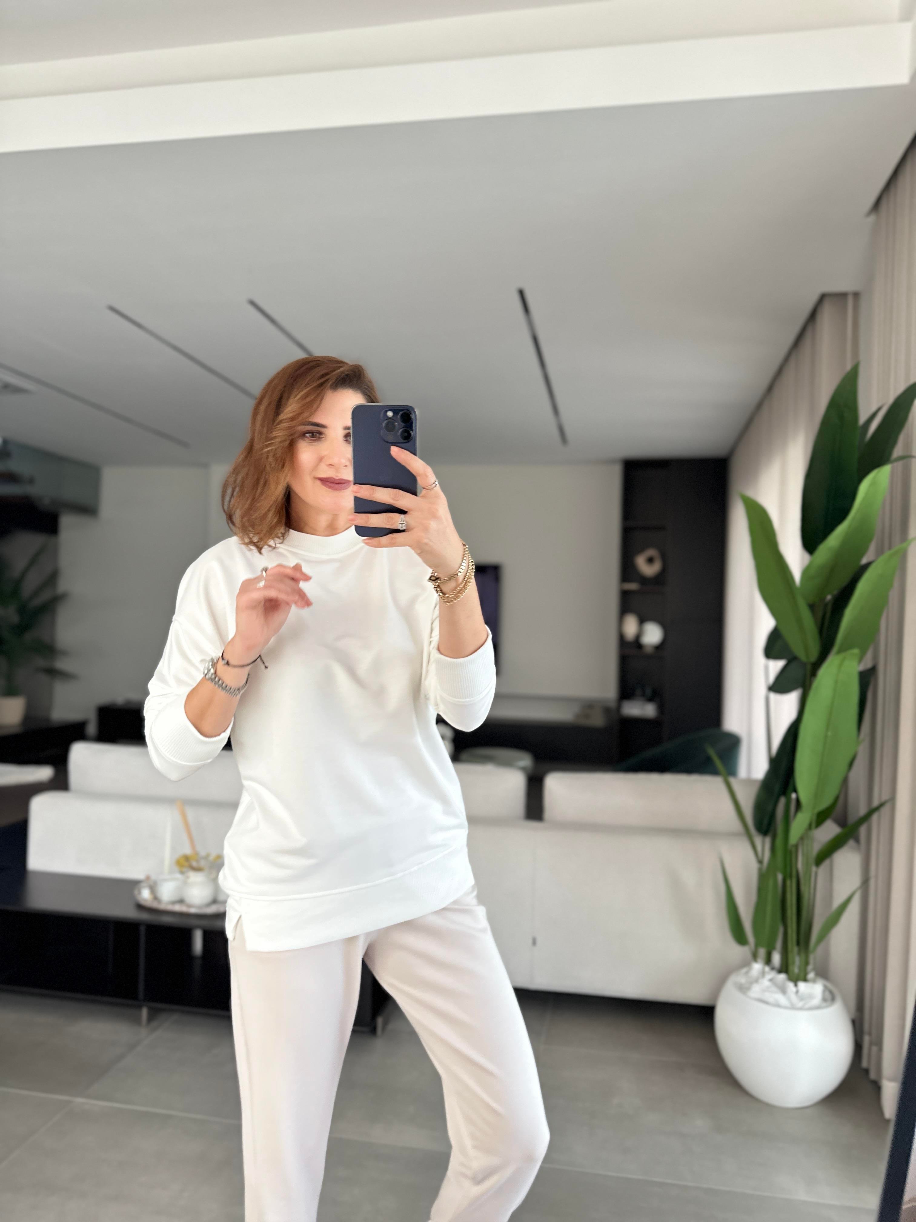 Beyaz Basic Bisiklet Yaka Sweat