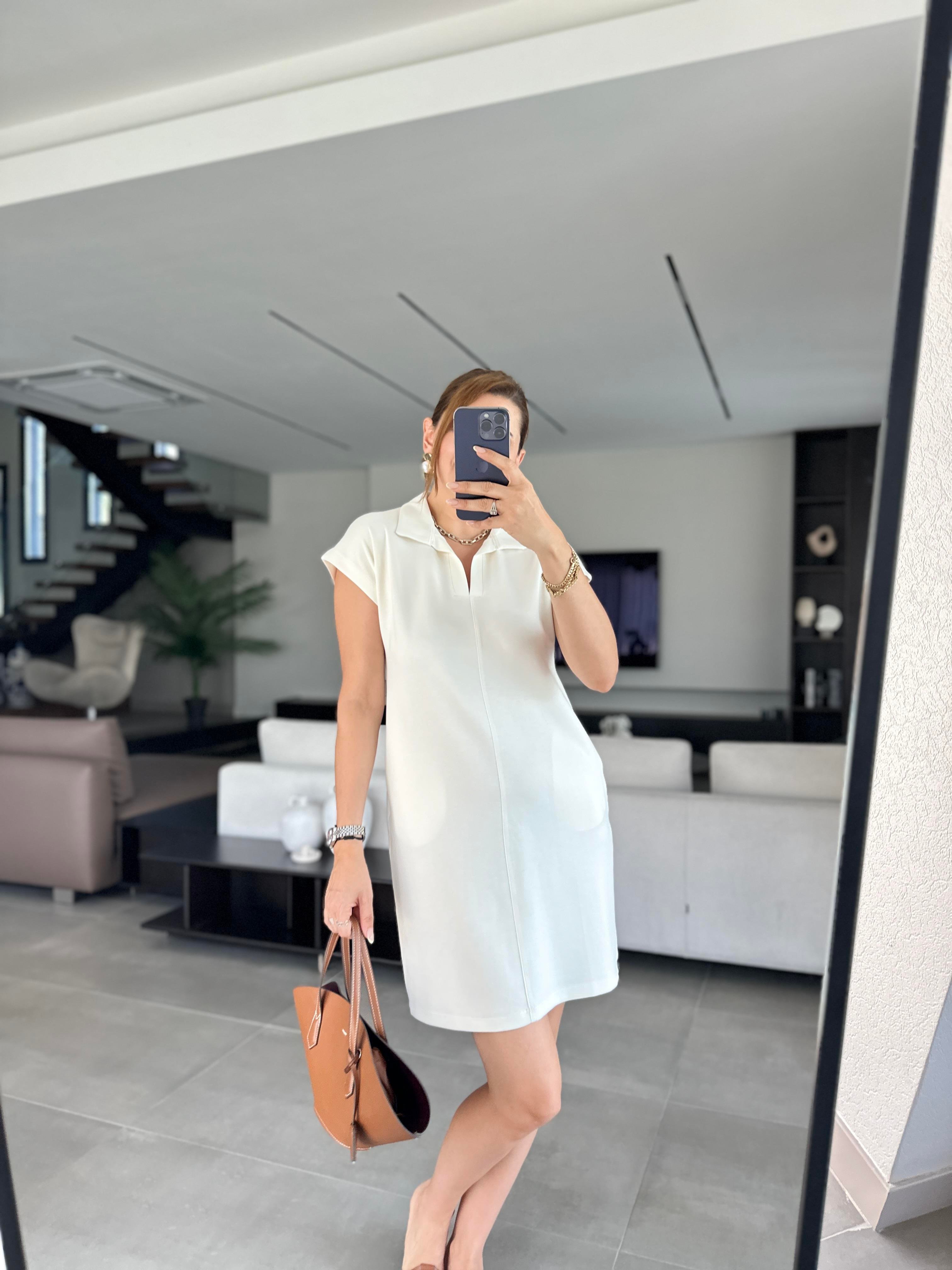 Beyaz Basic Polo Yaka Elbise