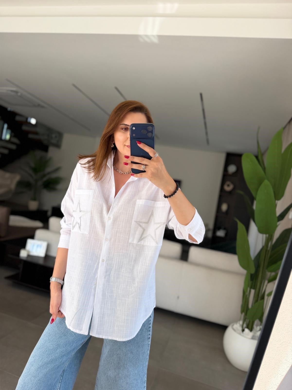 Beyaz Cep Yıldız Taşlı Oversize Gömlek