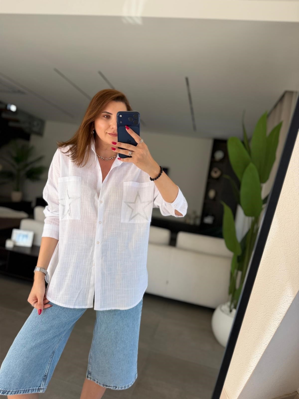 Beyaz Cep Yıldız Taşlı Oversize Gömlek